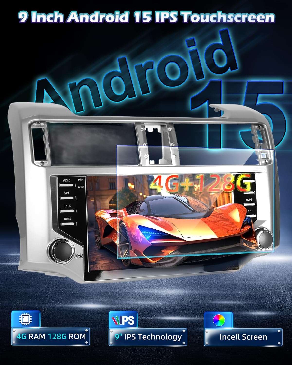 4+128G Android 15 Car Stereo for Toyota 4runner 2010-2021, 9 Inch IPS Touchscreen Radio with Wireless Carplay & Android Auto/EQ/5GHz WiFi/GPS/SWC + AHD Rear View Camera 4