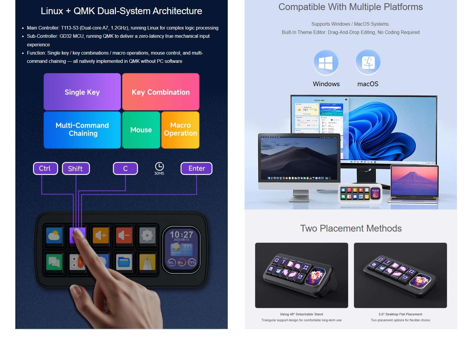 waveshare MK10 Multi-Functional AI Voice Control Panel，10 × 0.85inch Mechanical LCD Keys with a 2.01inch Secondary Screen,Supports Speech Recognition and AI Speech Interaction (Black) 4
