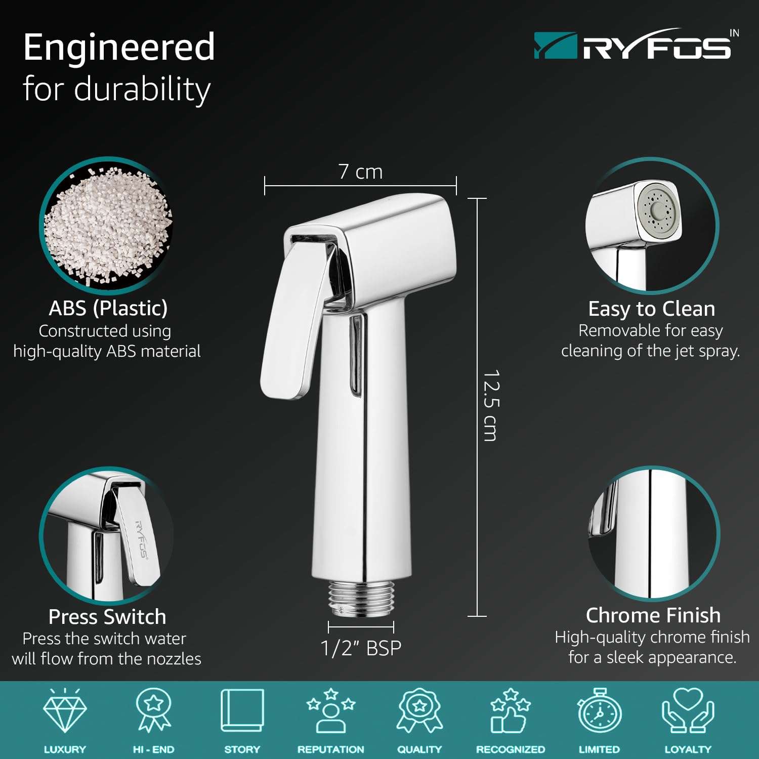 Ryfos India’s 1st Brand with Lifetime Support, R1030HF, ABS Health Faucet, Jet Spray for Toilet with 1-1.2 Mtr SS-304 Flexible Hose Pipe & Wall Hook, Chrome Finish 5