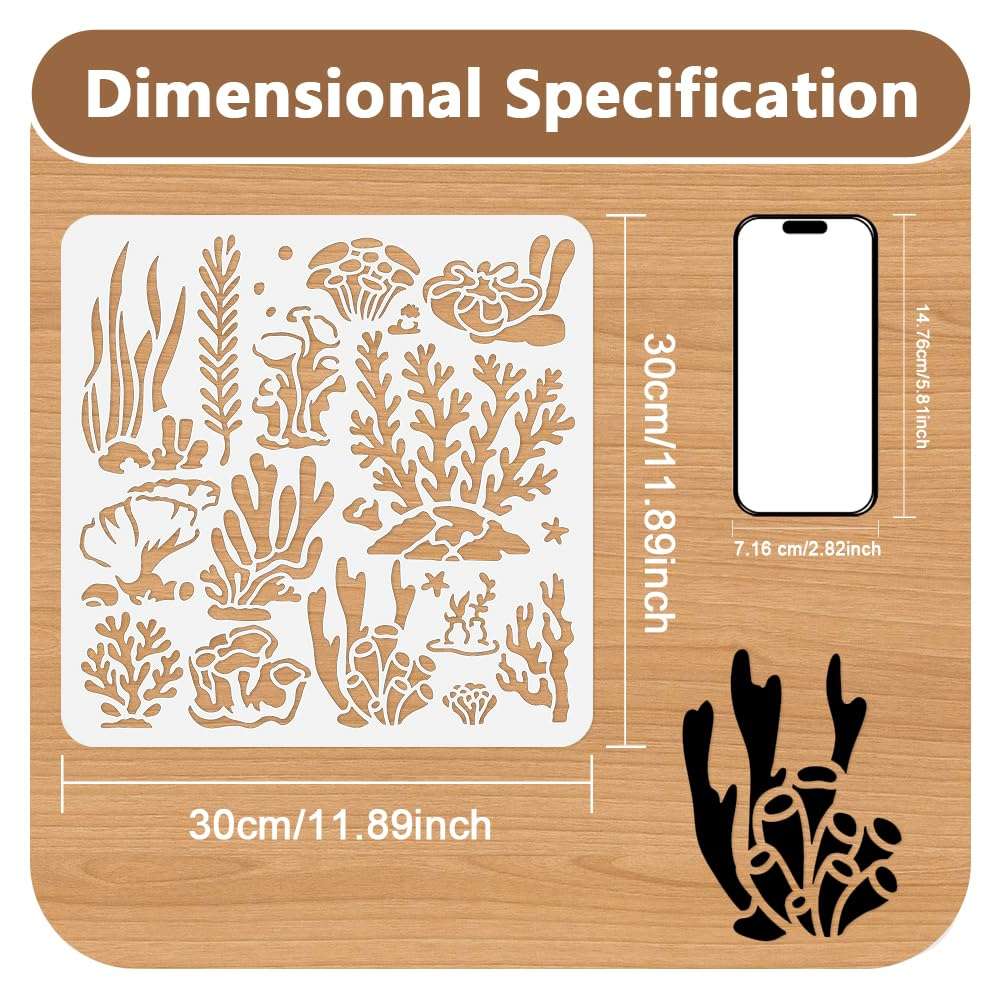 DOODLREAM 12 Styles Coral Seaweed Stencil for Painting, 11.8"x11.8"Reusable Seagrass Sea Plants Stencil Drawing Template, DIY Craft Paint Template for Wall Home Decor Wood Burning Card Journal Fabric 3