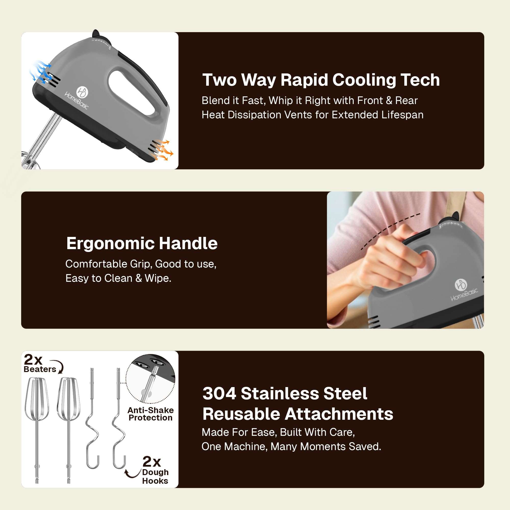 HOMEBASIC Hand Mixer for Cake Baking 260W | Electric Hand Beater with 7 Speed Control, Dough Hook & Beaters | Mixing, Whipping, Kneading, Egg Whisker Blender for Kitchen | Food Grade Stainless Steel 6