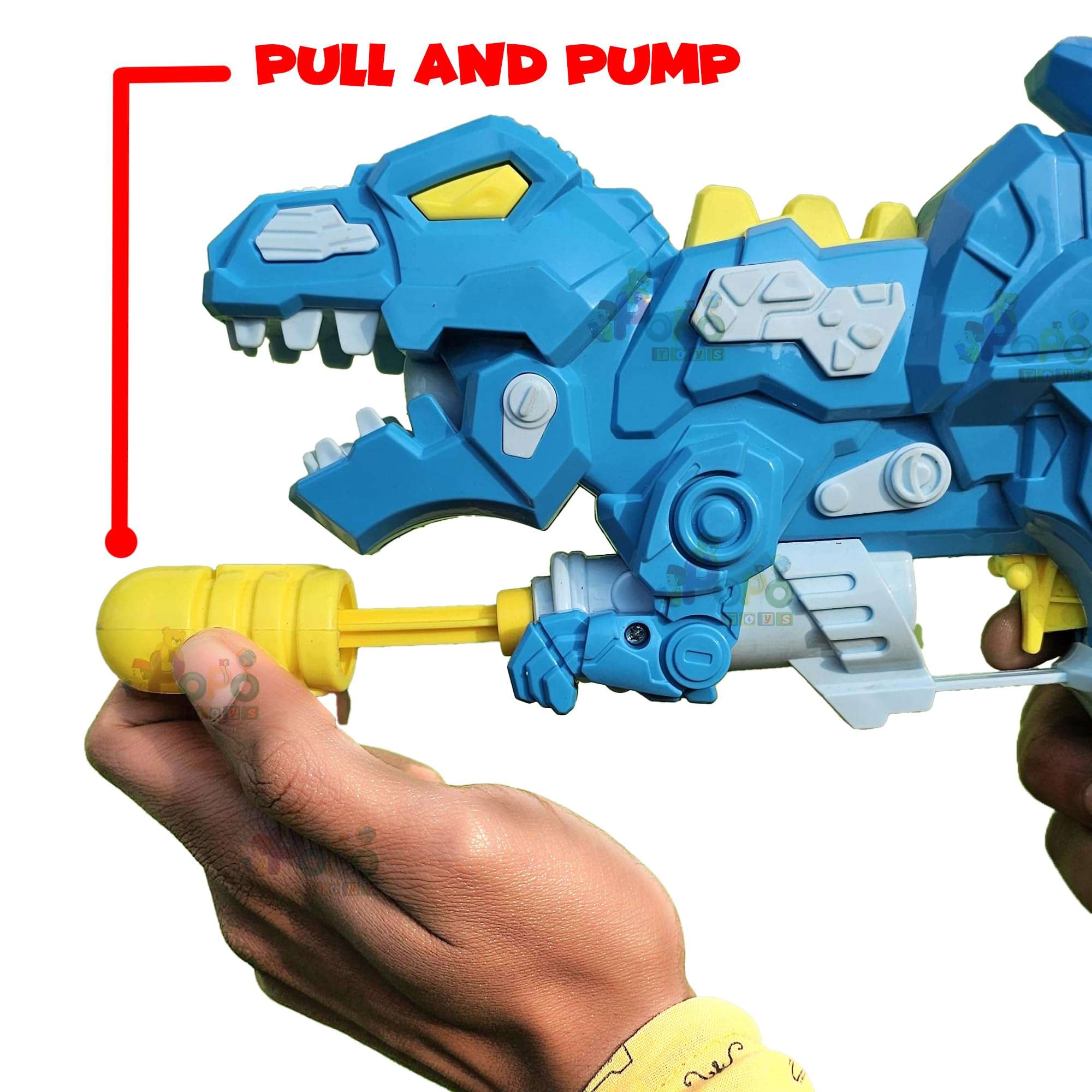 PoPo Toys Holi Dinosaur Pull-n-Pump Pressure Pichkari | Ultimate Power Pressure | Blue | with Free Holi Balloons & Gulal 3