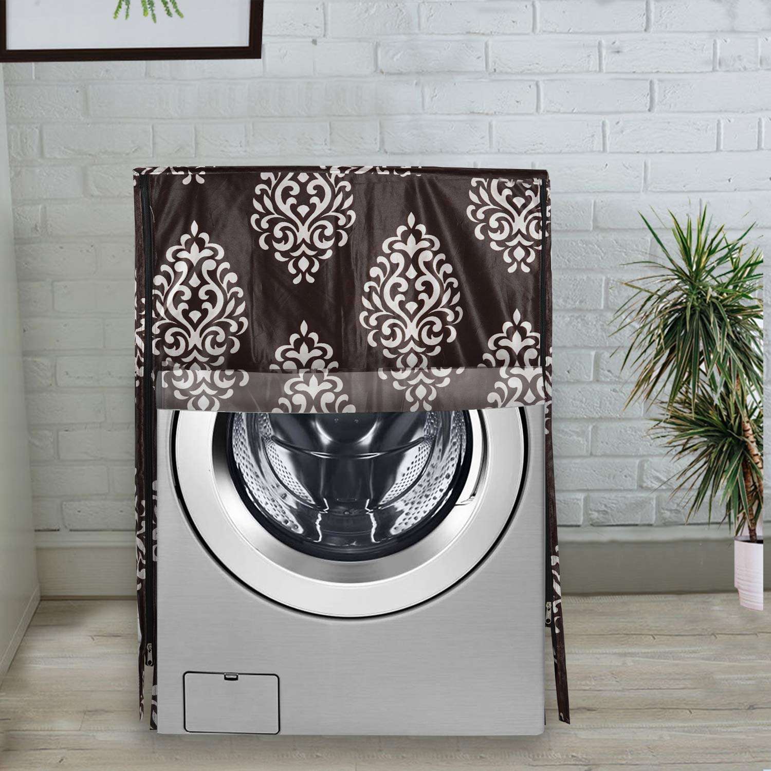 KANUSHI Industries® Front Load Automatic Washing Machine Cover + 1 Pc Fridge/Refrigerator Cover + 1 Pc Microwave/Oven Top Cover(Copy-FRI+Micro+W.M-Front-Brown-Floral) 4