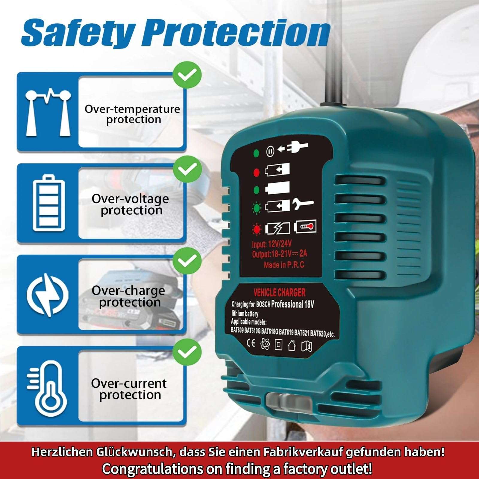 Charger for Bosch 18V Battery Replacement,for Bosch 18V GBA Mini Portable Car Compact Chargers,with Cigarette Lighter Plug Vehicle 6