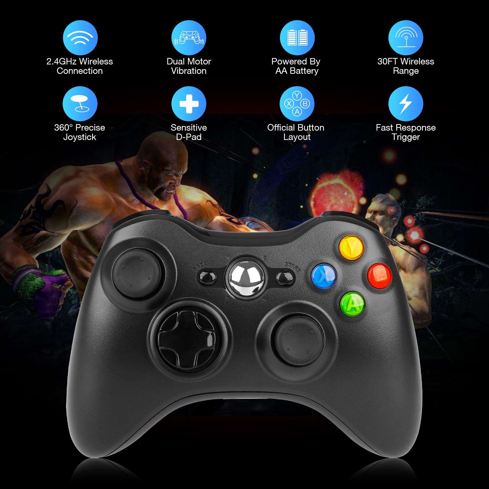 Y-Team Wireless Controller for Xbox 360, 2.4GHz Game Controller Joystick Remote Wireless Gamepad for Xbox 360/Xbox 360 Slim/PC/Windows 7 8 10 with Dual Vibration (Black) 2