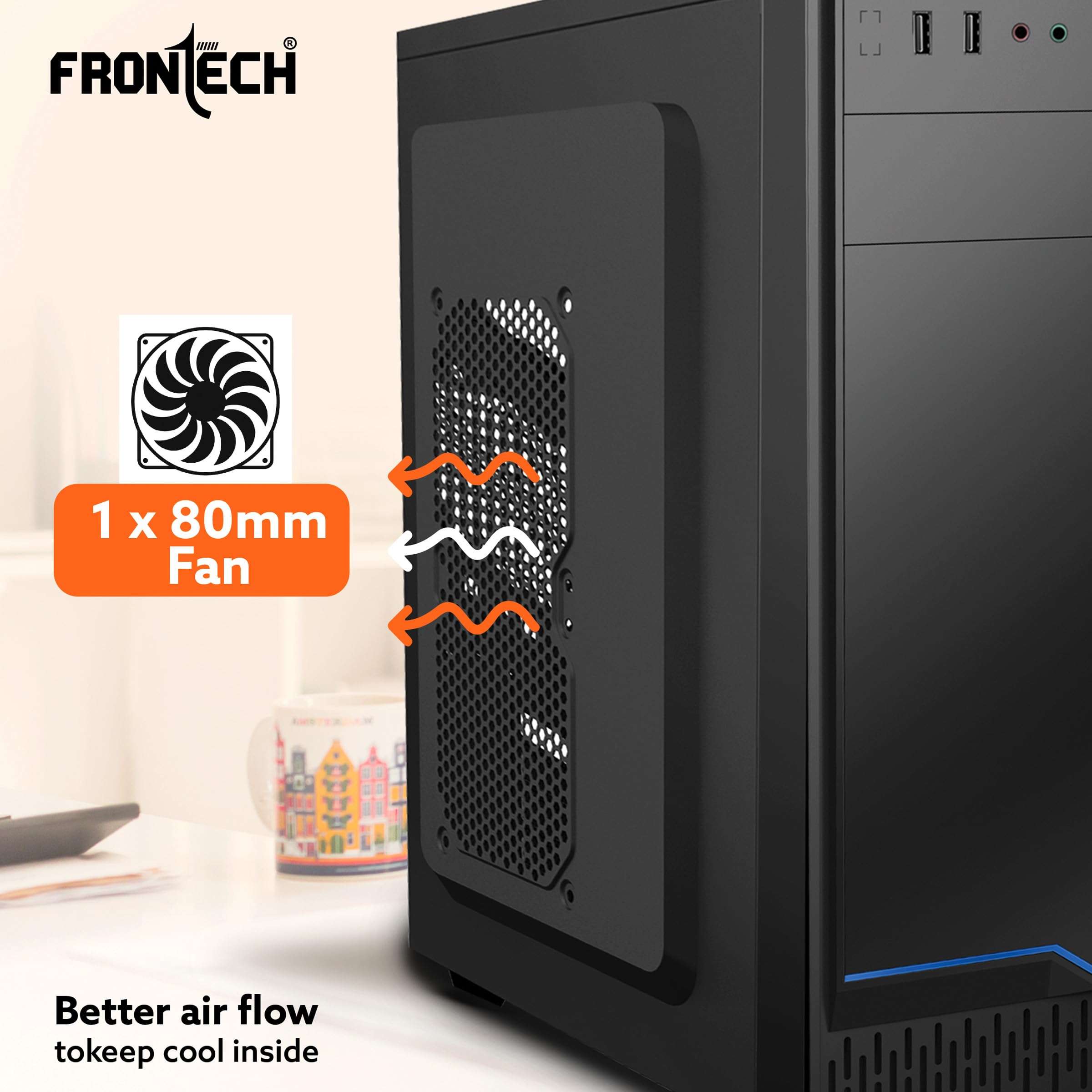 FRONTECH Garnet Premium Silver Series Cabinet/Computer Case with HD Audio | ATX/Mini ATX Compatible | Installed 1 x 80 mm Fan, 2 x USB 1.1 | Ideal for Home/Office/Gaming (FT 4323B, Blue) 6