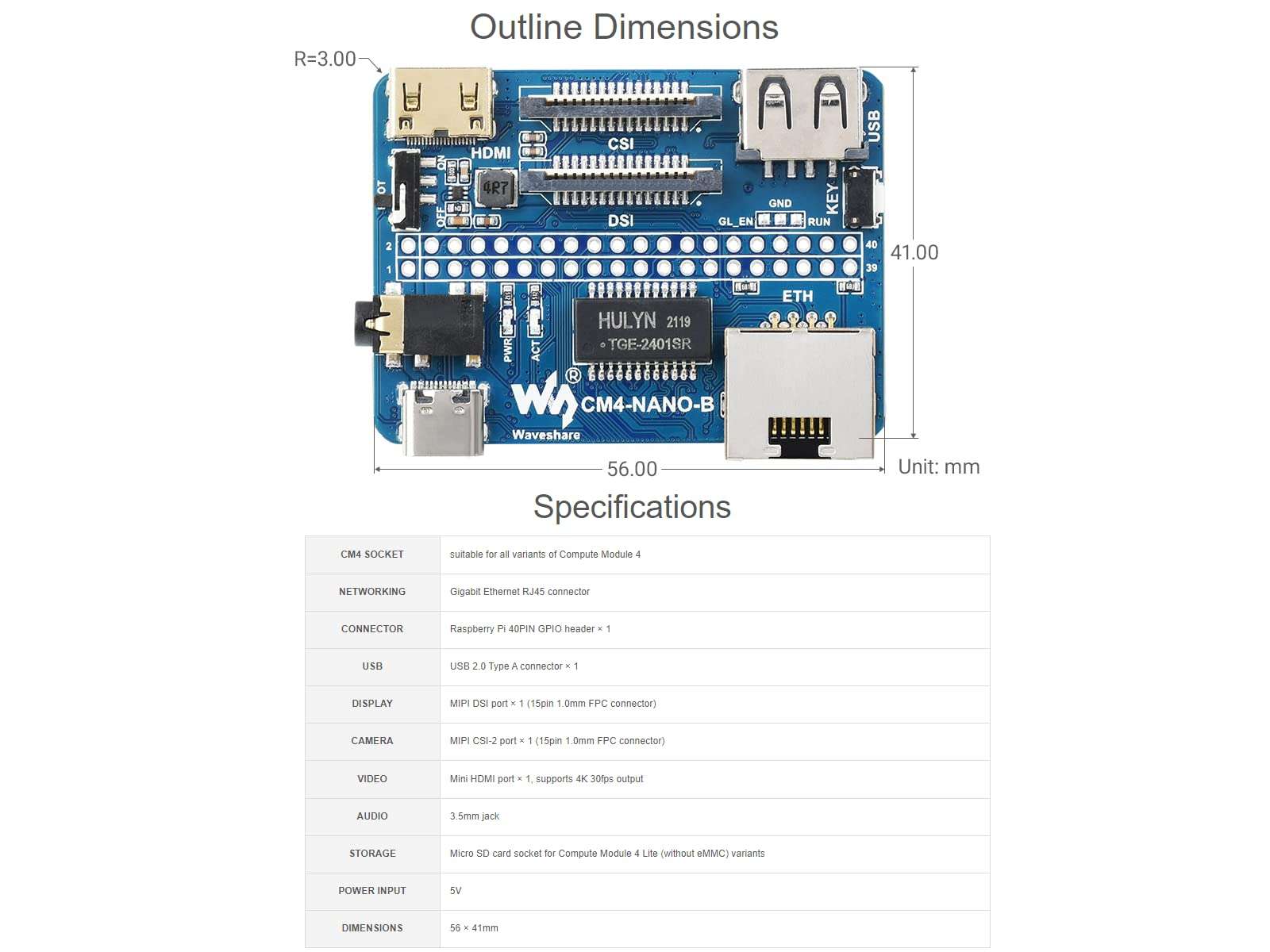 Nano Base Board (B) for Raspberry Pi Compute Module 4 Lite/eMMC,Same Size As The CM4,with Raspberry Pi 40PIN GPIO Interface,USB 2.0 Type A,Gigabit Ethernet RJ45 Connector,MIPI DSI Port 6