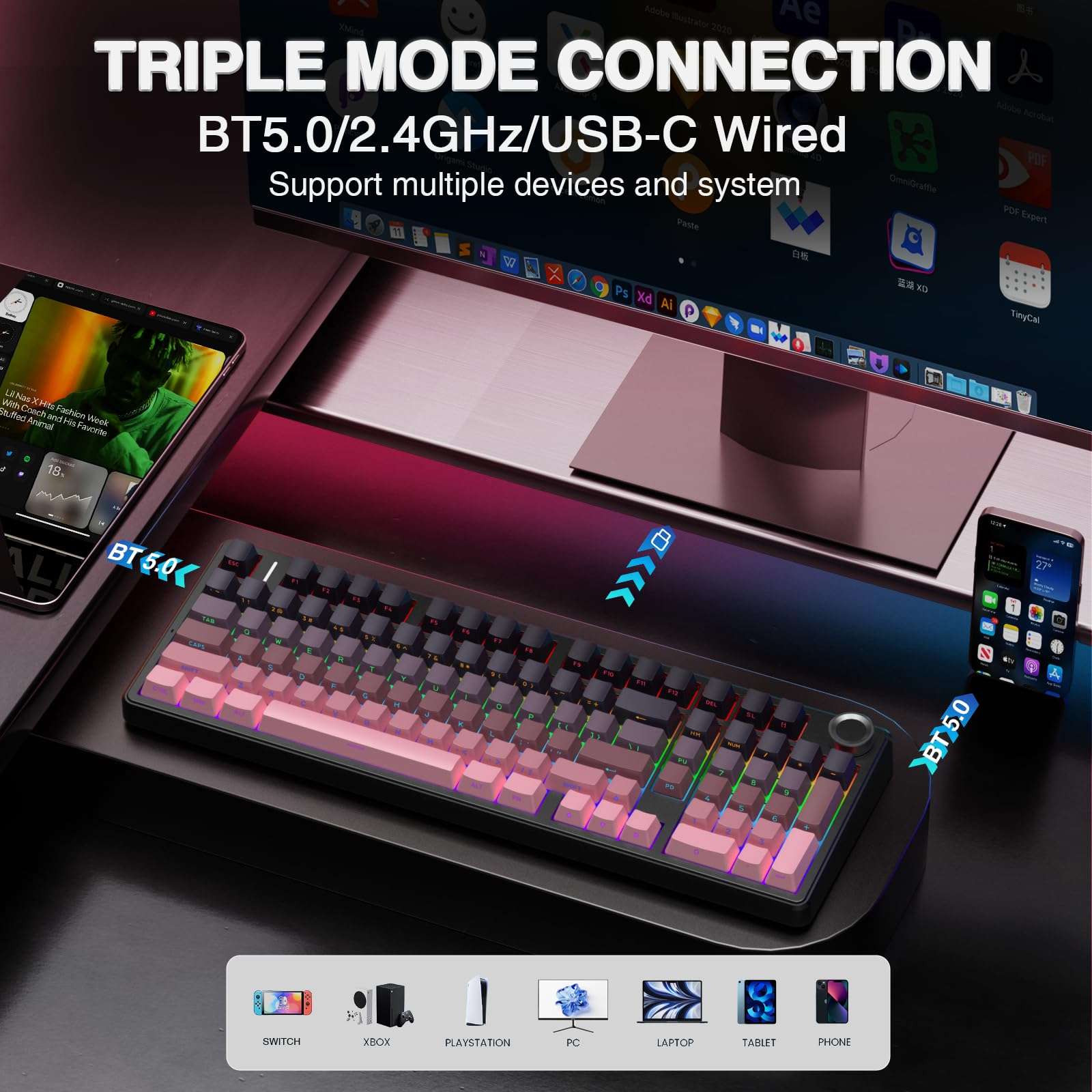 AULA F99 Pro Wireless Mechanical Keyboard with Knob,Tri-Mode BT5.0/USB-C/2.4GHz Hot Swappable Keyboard,Pre-lubed Switches,RGB Backlit Computer Gaming Keyboards 4