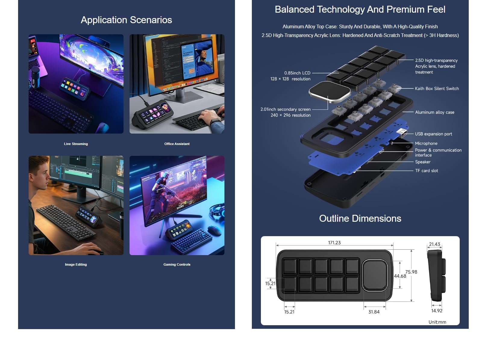 waveshare MK10 Multi-Functional AI Voice Control Panel，10 × 0.85inch Mechanical LCD Keys with a 2.01inch Secondary Screen,Supports Speech Recognition and AI Speech Interaction (Black) 6