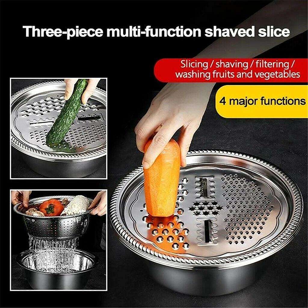 JANCOM 3 in 1 Kitchen Multipurpose Kitchen Stainless Steel Bowl, Drain Basket, Julienne Graters for Vegetable Cutter,Vegetable/Fruit Grater Kitchen Mesh Strainers(Set of 1, 26CM) 4