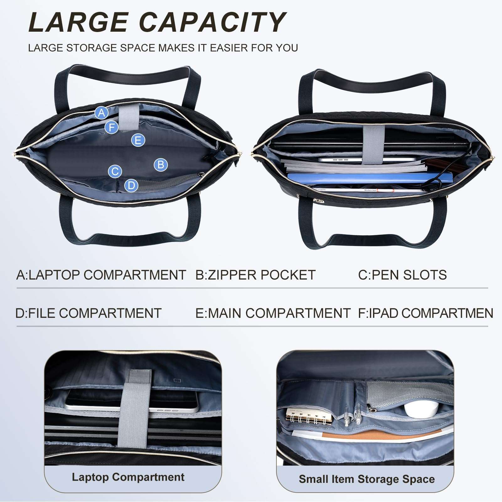 VANKEAN Laptop Bag for Women, 15.6 Inch Work Bag Waterproof Computer Shoulder Bag with USB Port, Large Tote Bag for Work Business Travel, Quilted Black 2