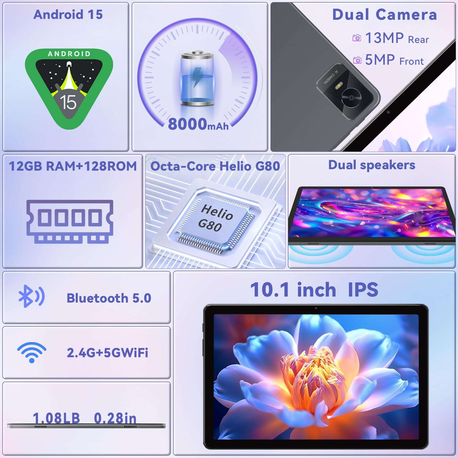 Android 15 Tablet, 10.1 Inch Tablets, Octa-Core, 12GB RAM, 128GB ROM (1TB Expandable), Widevine L1, 8000mAh Battery, 2.4/5GHz WiFi, GPS/FM, 5MP+13MP Cameras, 18W Fast Charging, Case Included – Grey 4