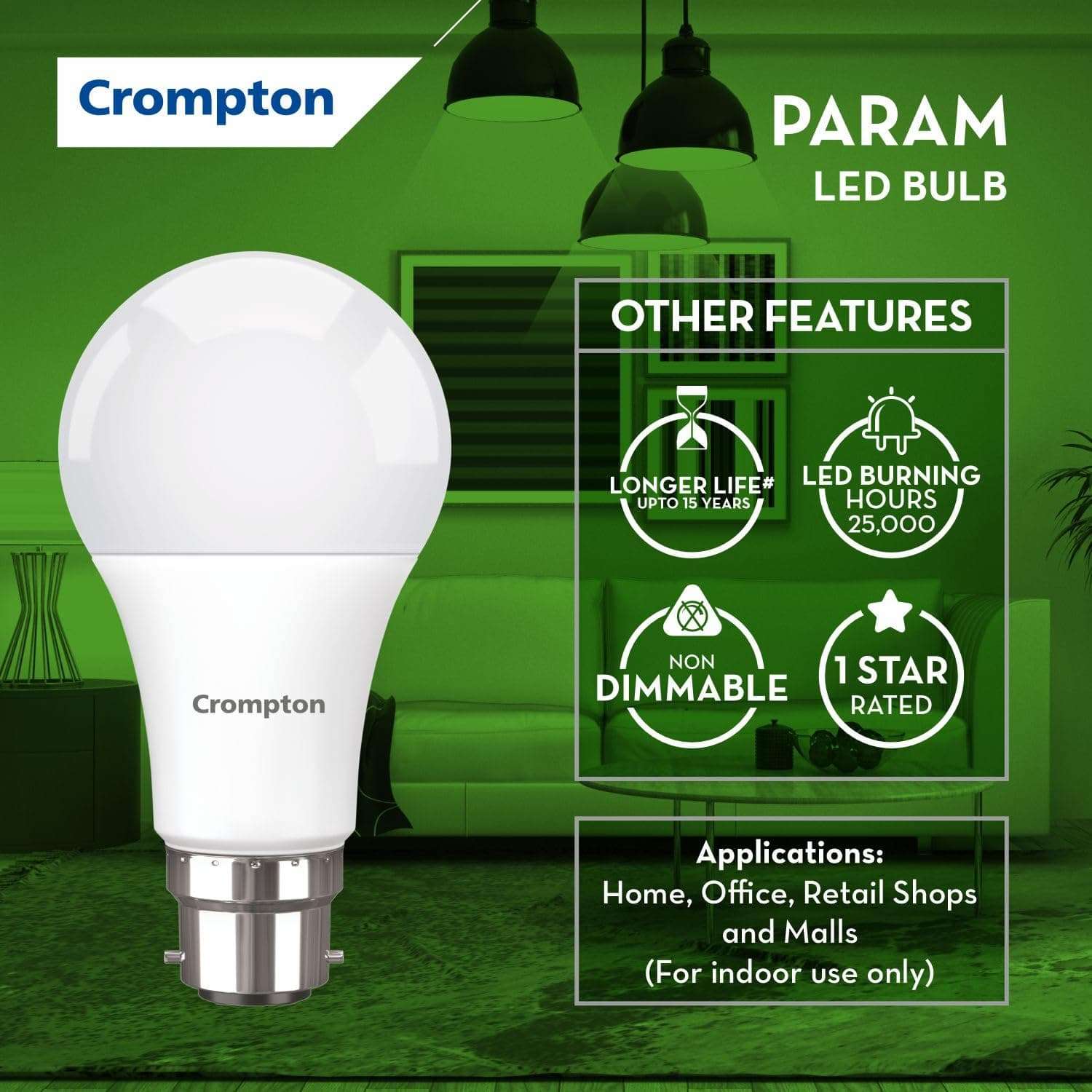 Crompton Param LED Bulb | 12W | Cool Day Light | B22 Base | 180 Degree Coverage | 4kV Surge Protection | 440V High Voltage Protection | Pack of 8 4