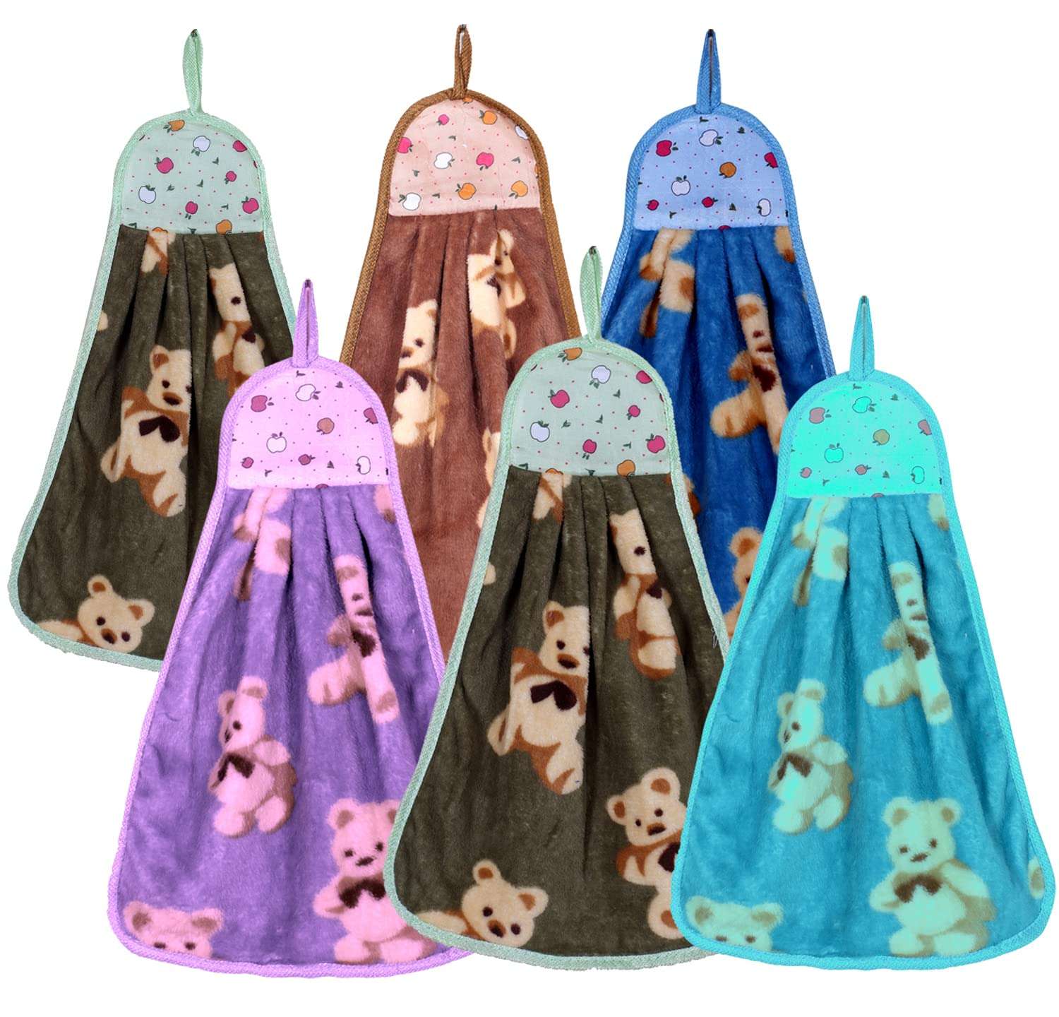 Kuber Industries Soft Cotton Teddy Bear Super Absorbent Hanging Napkin|Hand Towel for Washbasin & Kitchen,Pack of 6,(Assorted) 1