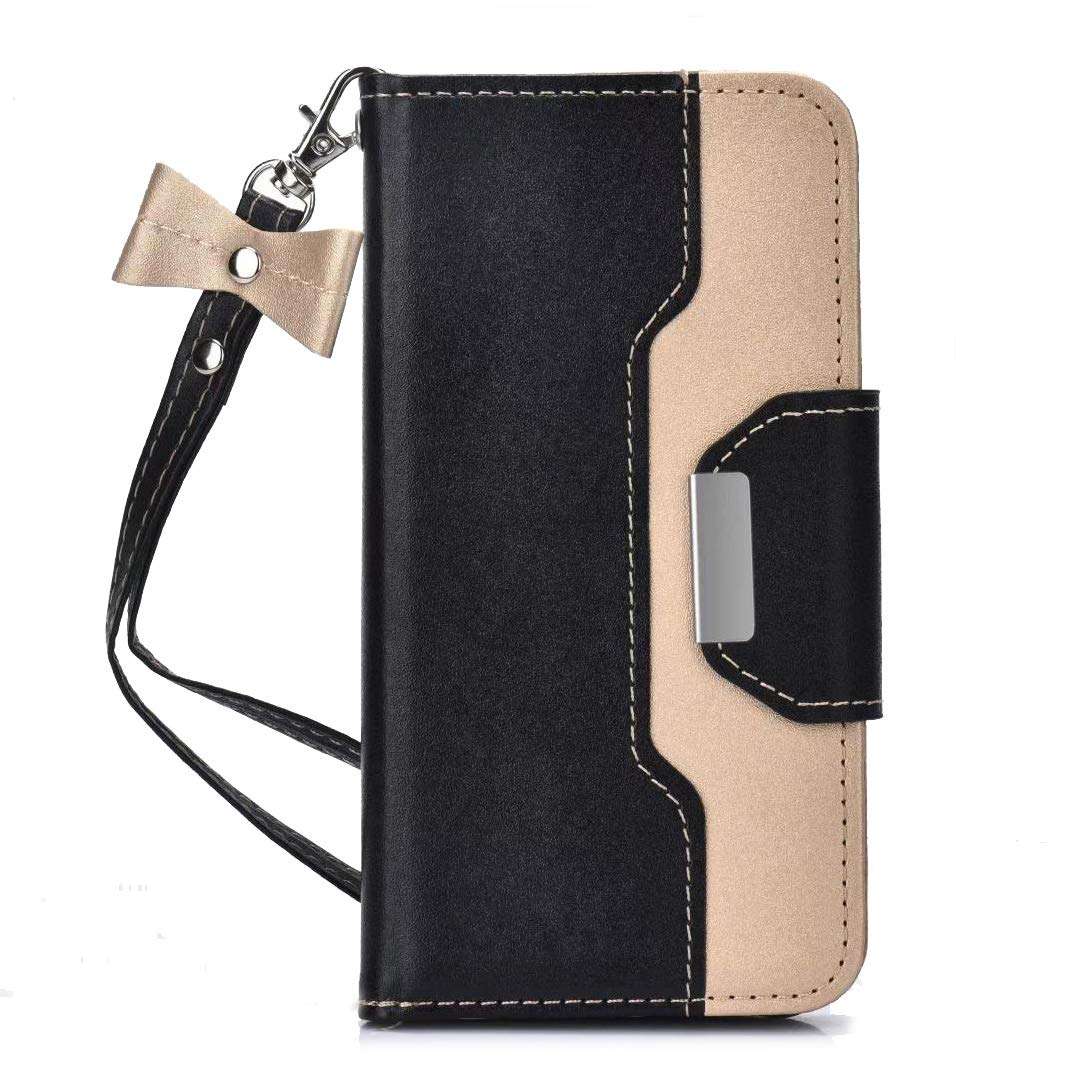 WORLDMOM for iPhone 11 Case,for iPhone 11 Wallet Case with Mirror Stand Credit Card,Double Color Style Faux Leather Slot Flip Cover Case Compatible with iPhone 11 6.1 Inch, Black 1