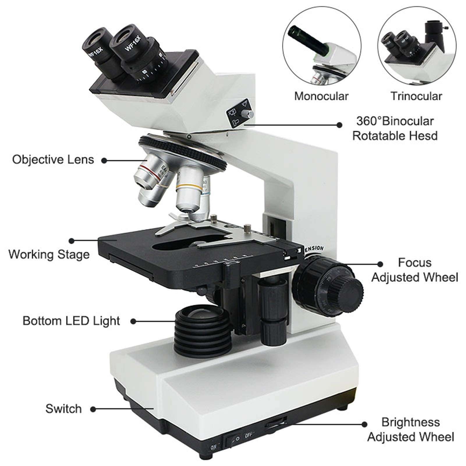 L-SHISM Microscopes Biological Microscope， LED 1600X Monocular Binocular Trinocular Microscope f/Laboratory Biological Research Observation for School Laboratory,Home Science Education 3