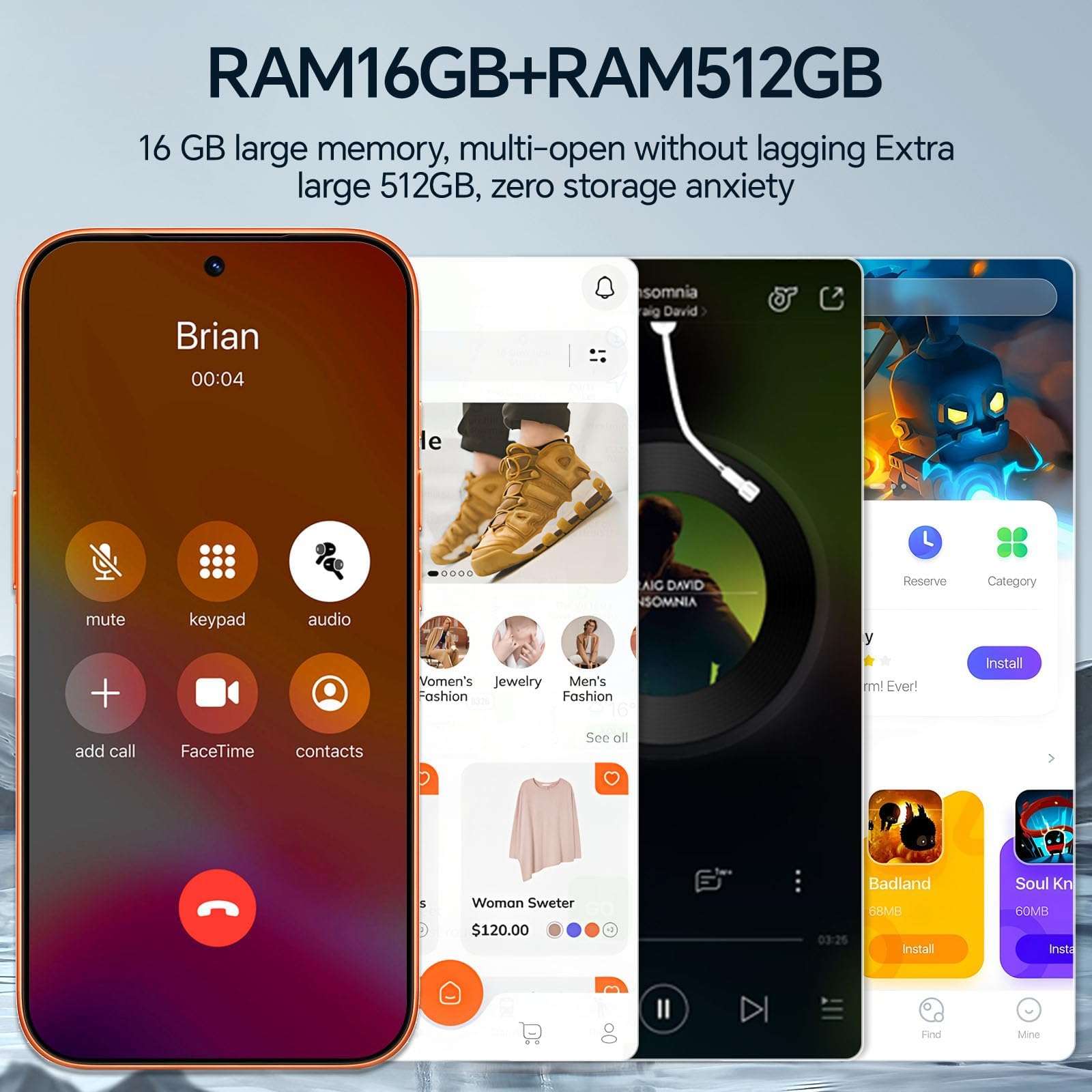 Unlocked Phones F17 PM, 5G Smartphone, 16GB RAM+512GB Storage, Android 15 Cell Phone, 6.9'' HD Display, 104MP+32MP Camera, 5000mAh Battery, Face ID/Dual SIM/WiFi/Bluetooth/GPS 6