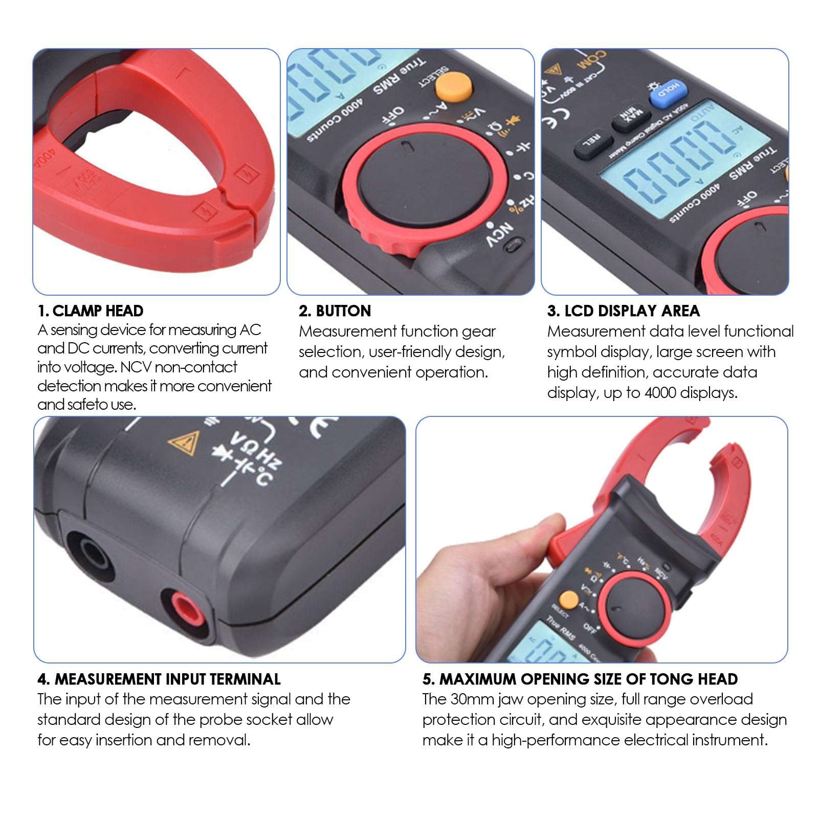 UT213B Digital Clamp Meter 4000 Counts 400A True RMS AC DC Voltage Current Auto-ranging Amp Voltage Tester with Backlight with Ohm Diode Capacitance Temperature Test 6