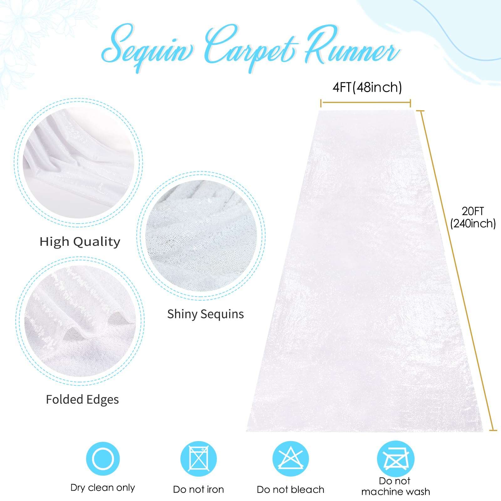 B-COOL Aisle Runner 4ftx20ft White Sequin Aisle Runners for Wedding Ceremony White Wedding Rug Indoor New Year Party Glitter Aisle Runner 3