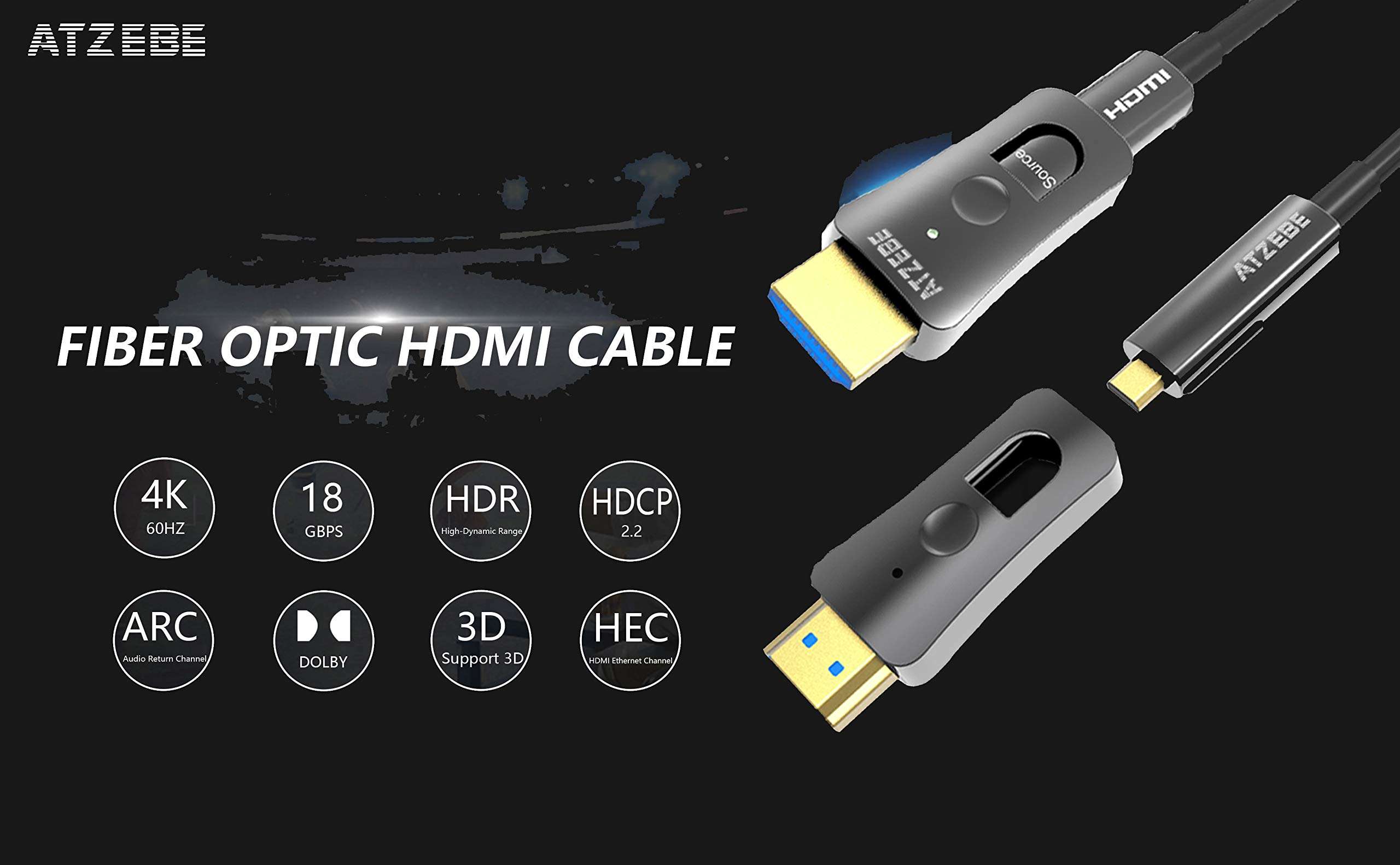 ATZEBE 50ft Fiber Optic HDMI Supports 4K@60Hz, 4:4:4, 18Gbps, HDR, Dolby Vision, HDCP2.2, ARC, 3D, Optical HDMI Connectors 3