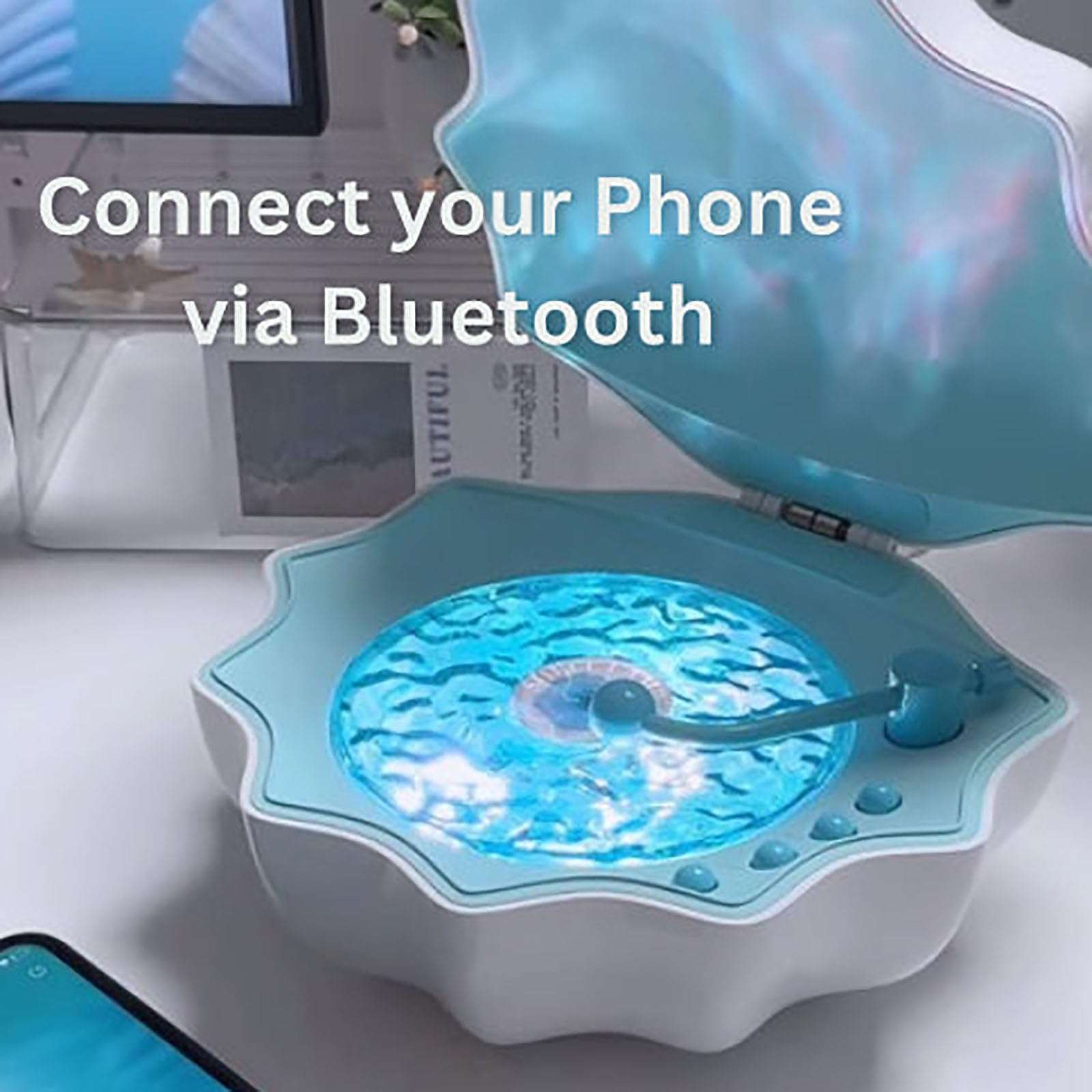 Moana Shell Speaker, Northern Light Shell Record Player, Shell Ocean Wave Projector Lamp with Bluetooth Music Player, White Noise Sound Machine Built-in Music Box for Bedroom Room Decor (Blue) 5
