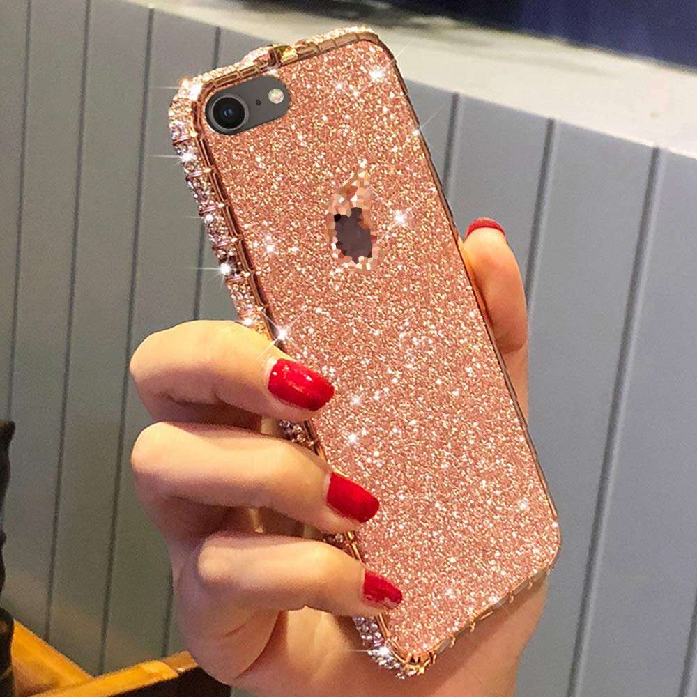 Case for iPhone 7 Cover,Girls and Women Luxury Sparkly Bling Glitter Rhinestone Diamond Metal Button Bumper Case Cover & Shiny Glitter Sticker Protective Cover for iPhone 7 Diamond Case,Rose Gold 4