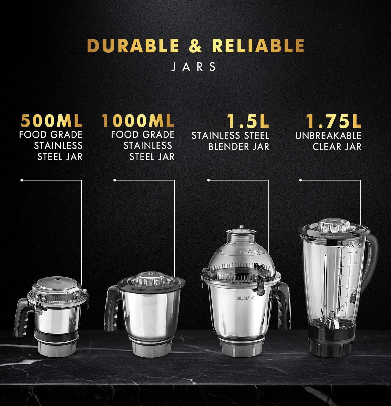 Sujata MG03 Mixer Grinder|1000 Watts Double Ball Bearing Motor|24000 RPM|Non-Stop 90 Mins Running|4 Jars including 1750ml Blender with Coconut Milk Extractor, 1500ml, 1000ml, 500ml Jar| (Black) 3