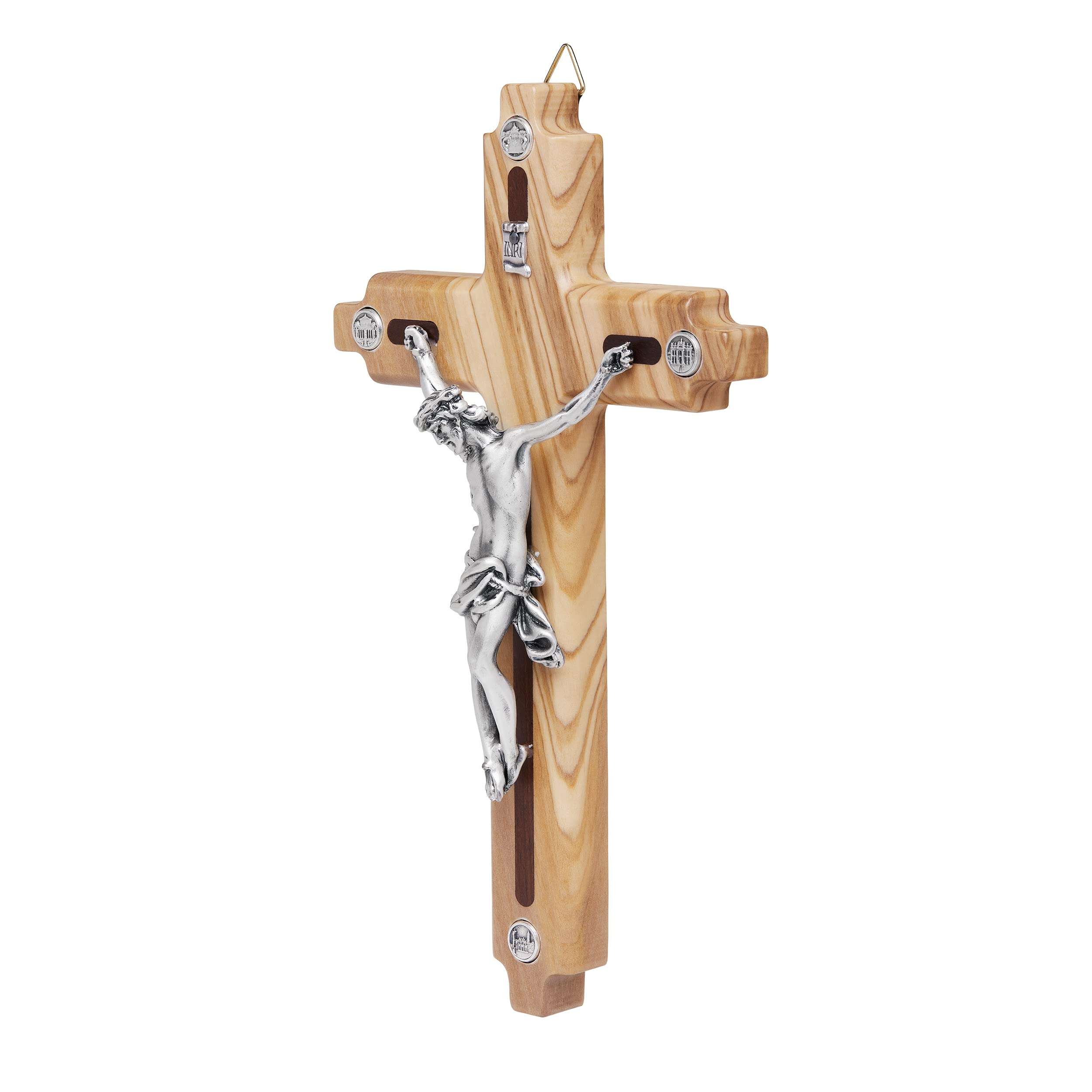 Mondo Cattolico - Crucifix wall cross Catholic Benedict During Pope's Angelus, Olive Wooden Crucifix with the Four Major Roman Basilicas Medals - Jesus Crucifix 8.26"x 4.72" - Ideal Catholic Gift 3
