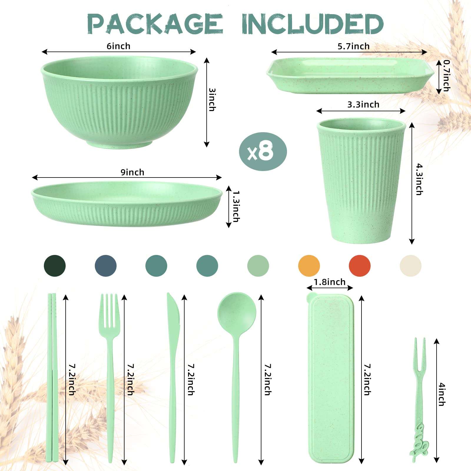 Sets of 8 Wheat Straw Dinnerware (64 Pcs) Microwave Safe Unbreakable Plates Bowls Cups Sets with Cutlery Utensils Colored Lightweight Plastic Dinnerware for Kids Adults Camping Picnic Dorm RV Kitchen 3