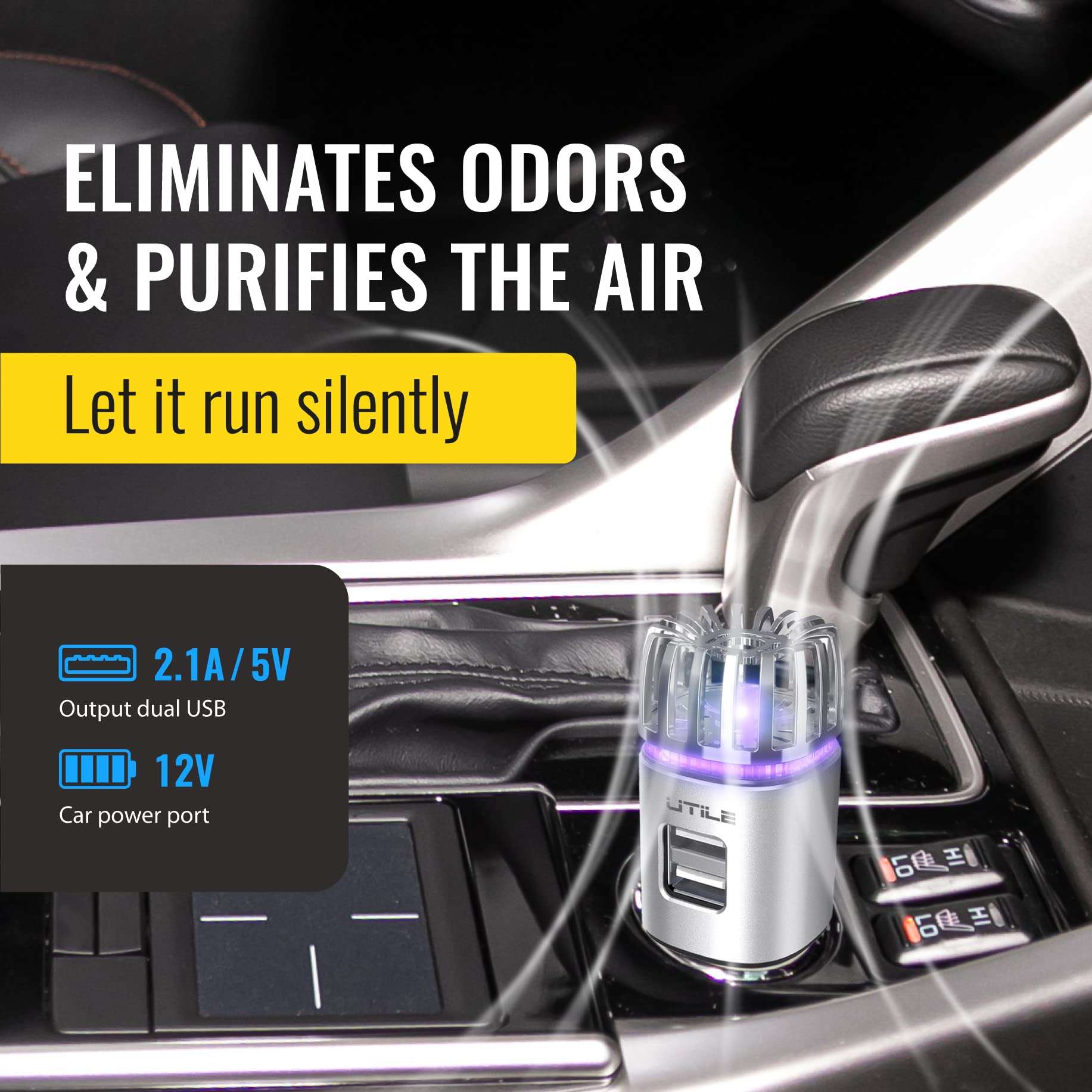 UTILE Car Ionizer Odor Eliminator Purifier with Dual USB Charger – Ionic Air Freshener| 2.1A/0.8W USB Charging for Phone, Tablet and Other Devices (Black, Pack of 1) 4