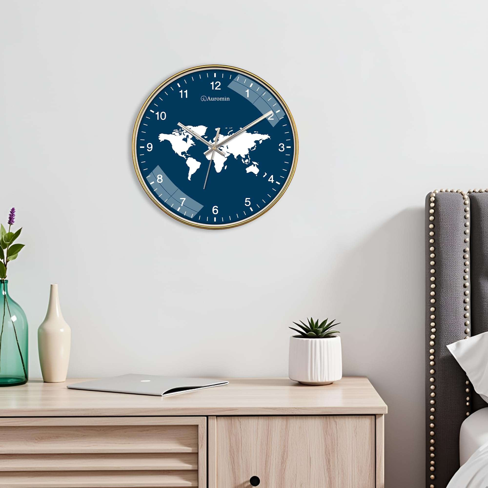 Auromin Designer Wall Watch for Living Room | Fancy Wall Clock for Bedroom Stylish Latest | Watch for Home Wall, Silent Modern Luxury Wall Clocks for Office, Kitchen, Home Décor (World-Blue) 4