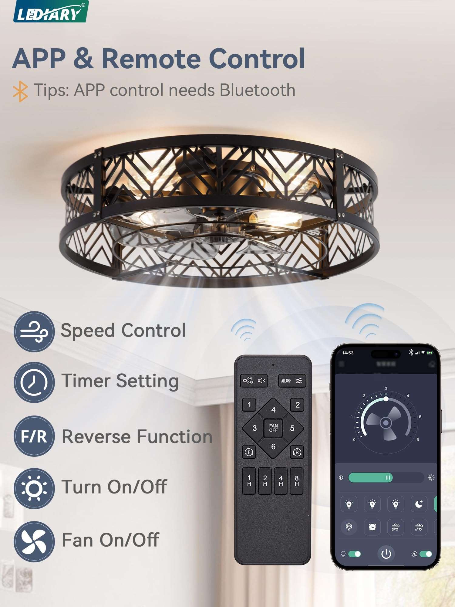 LEDIARY 23" Caged Ceiling Fan with Light, Large Flush Mount, App&Remote Control, Low Profile Bladeless Fan Light Fixture 6 Speed, Reversible and Quiet Motor-Black 6