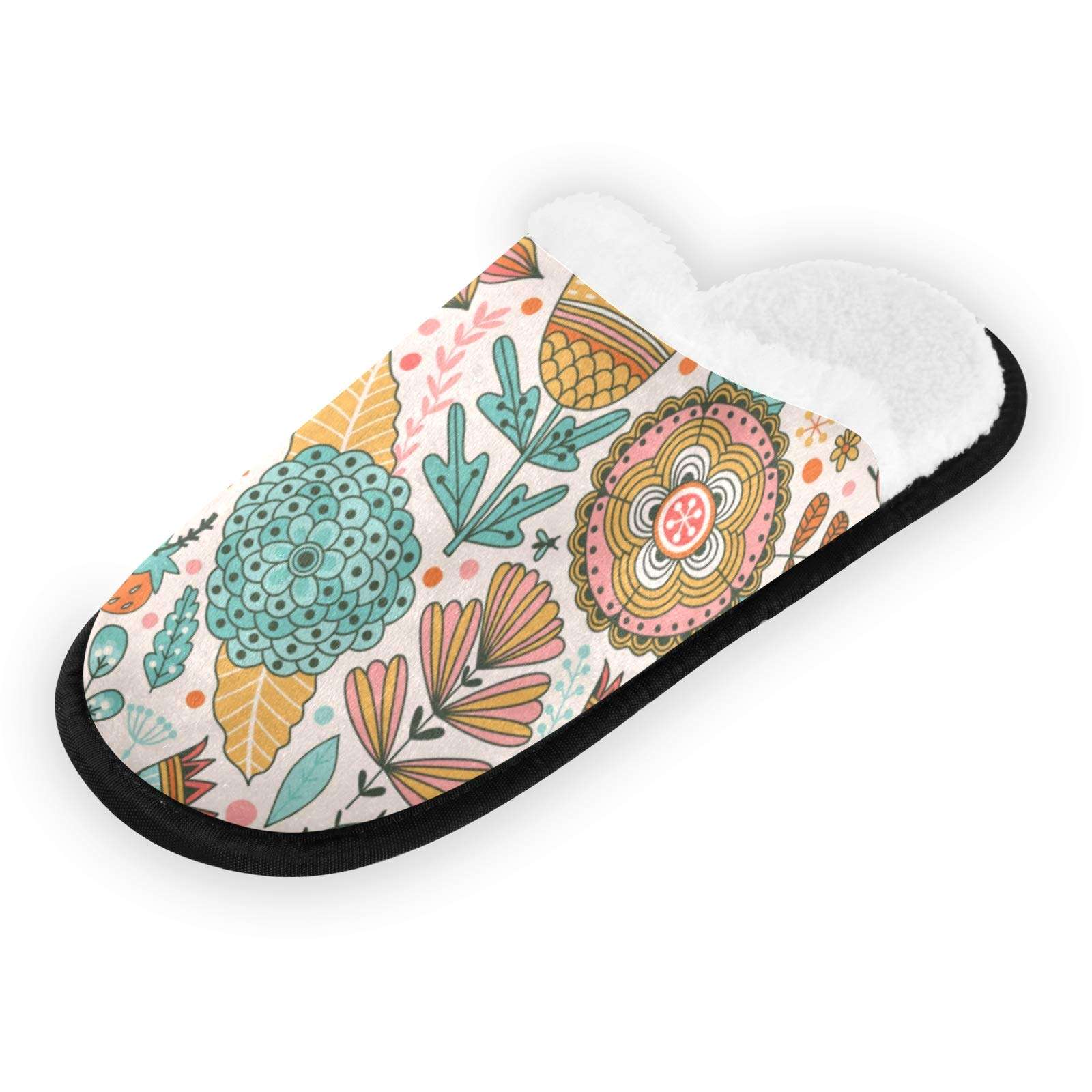 KLL Memory Foam Cotton House Slippers Botanic Texture Detailed Flowers Women's and Men's Casual Shoes, Soft Coral Fleece Lined, Indoor and Outdoor,Medium 2