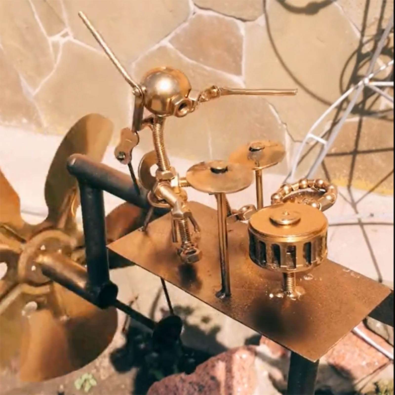 Handmade Metal Drummer Windmill, Percussionist Music Figurines and Statues, Rockin Art Figurine, Wind-Powered Kinetic Sculpture, Wind Spinners Novelty Lawn Garden Patio Decor, Drummer Decor (2 Sets) 3