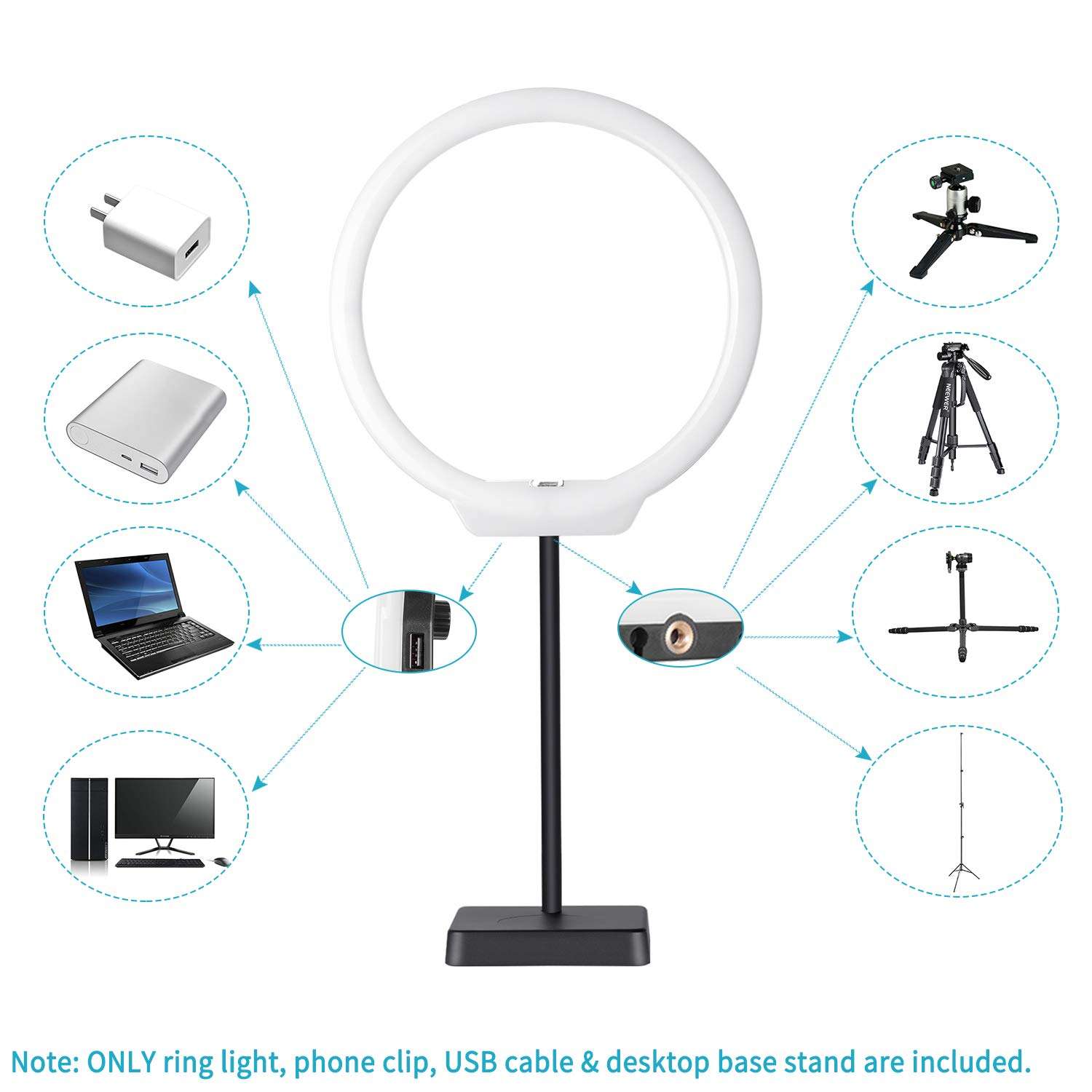 Neewer 10 inches USB-Powered LED Ring Light: 2-Power 5W/10W Dimmable Bi-color 3200-5500K On-Camera Light with Stand Base, Soft Tube, Cellphone Clamp for YouTube Videos, Make Up, Beauty, Live Streaming 4