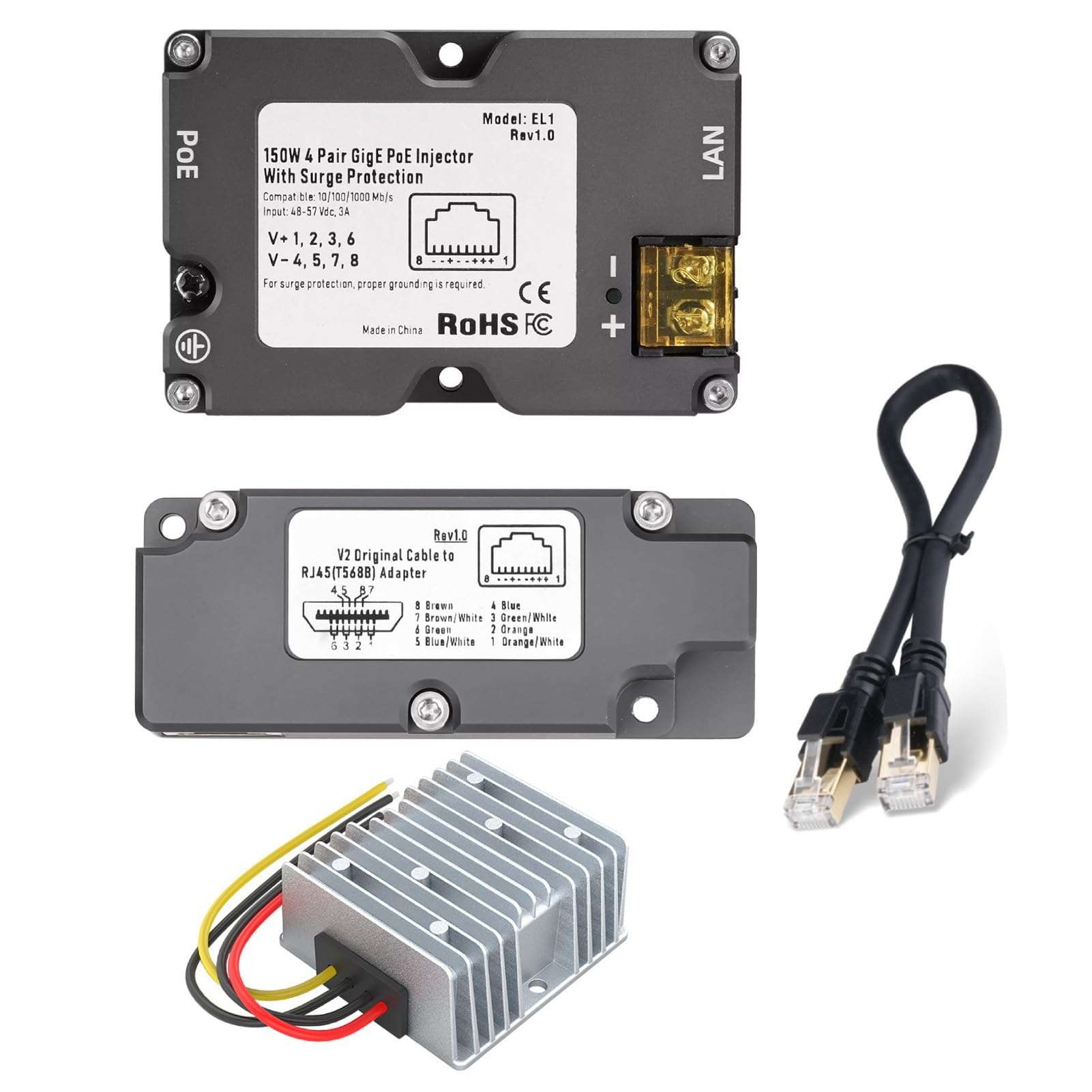 Starlink PoE Injector for Starlink Dishy V2 Internet Kit Satellite Network, 150W Starlink Dishy Cable Adapter to RJ45, Surging & ESD, DC Step UP Converter 12V to 48V 5