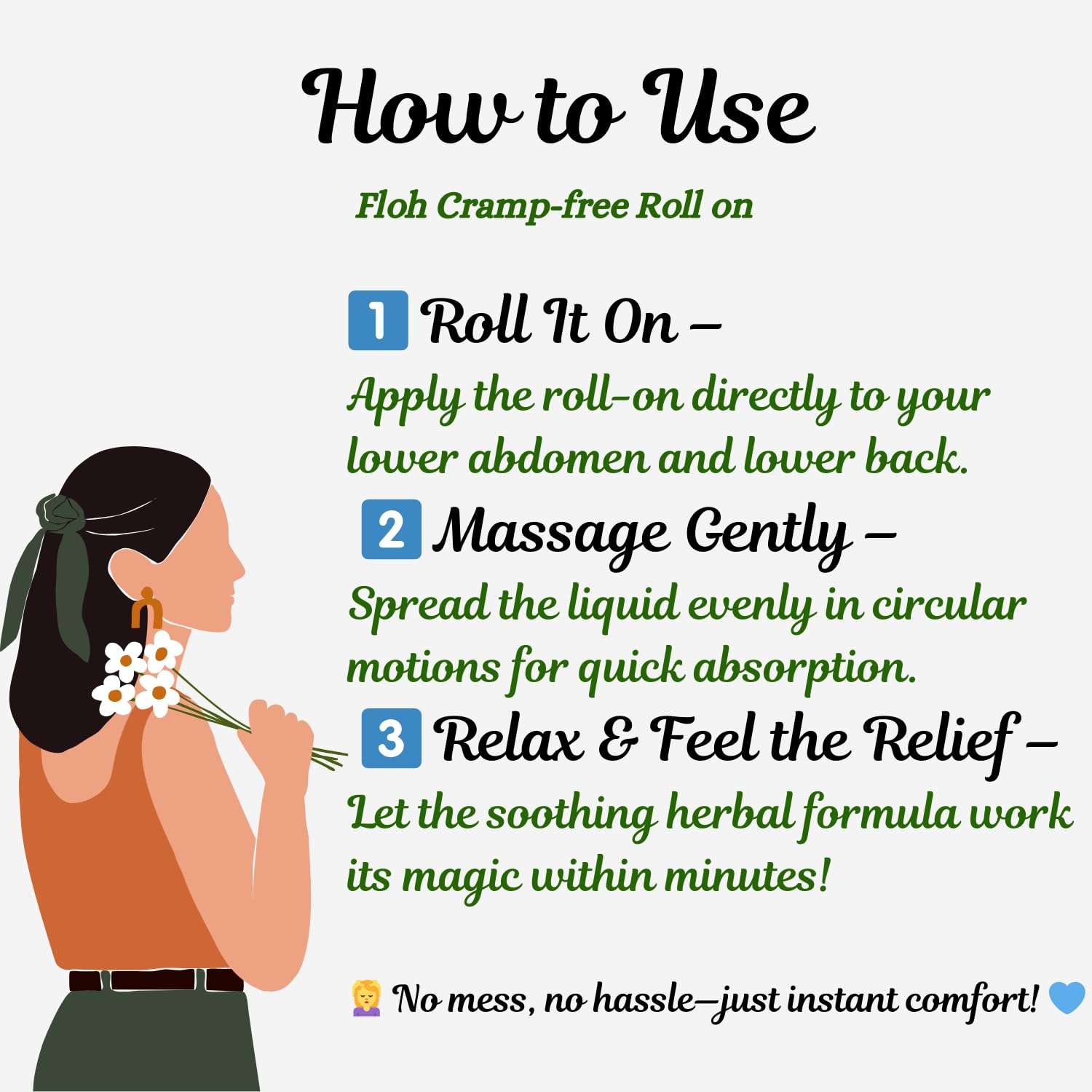 Floh Sanitary Pads XL (50 Pads) + Feminine Cramp Roll-On 10ml | Aloe Vera Enriched, Ultra Thin with Double Flap | Period Pain Relief Combo | 100% Natural, Quick Relief Roll-On 5