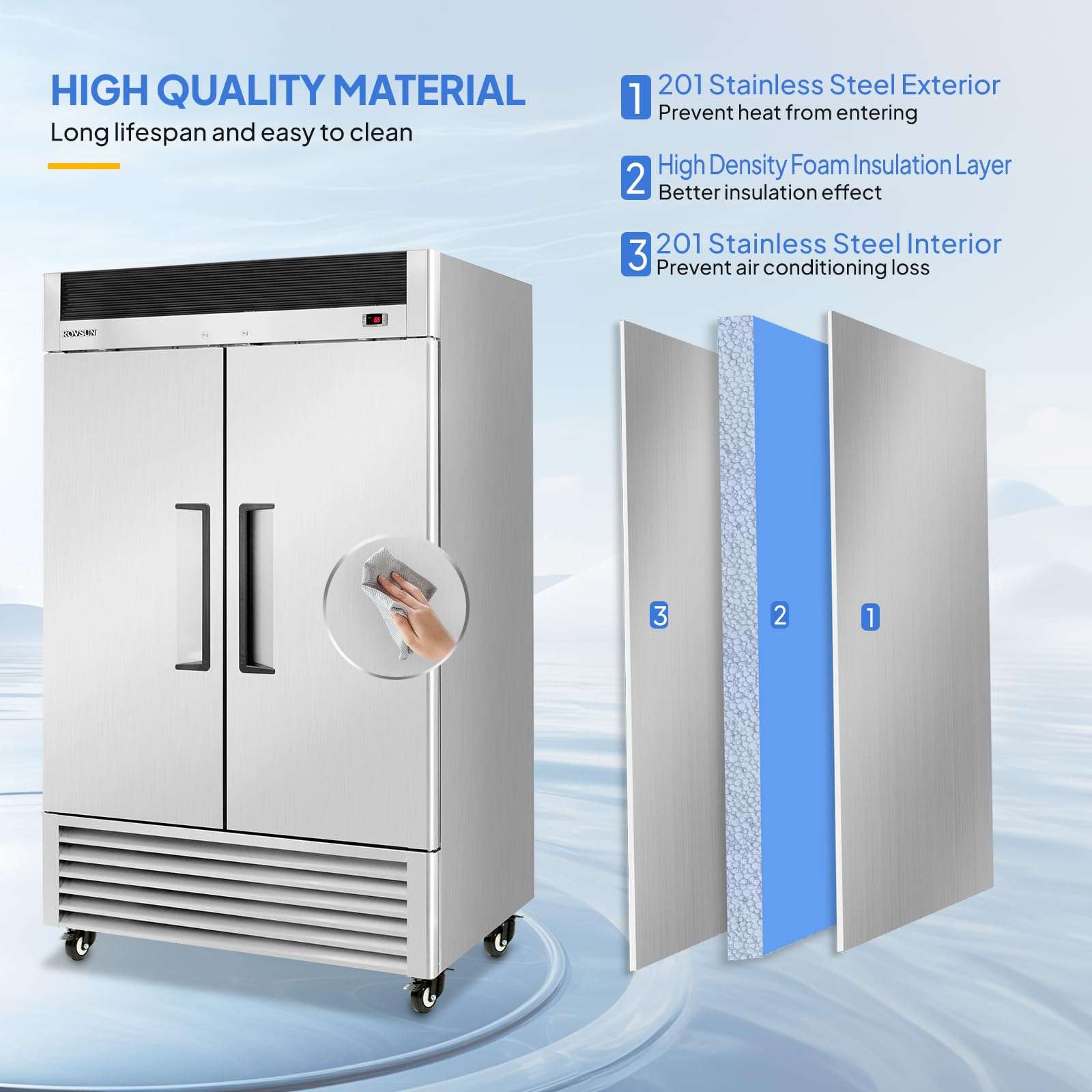 LEADZM 54" W 2 Door Commercial Refrigerator ETL NSF Approval, 40 Cu.Ft Commercial Fridge Cooler Reach in Refrigeration w/ 8 Adjustable Shelves, Auto Defrosting & LED Light for Restaurant Cafe Canteen 5