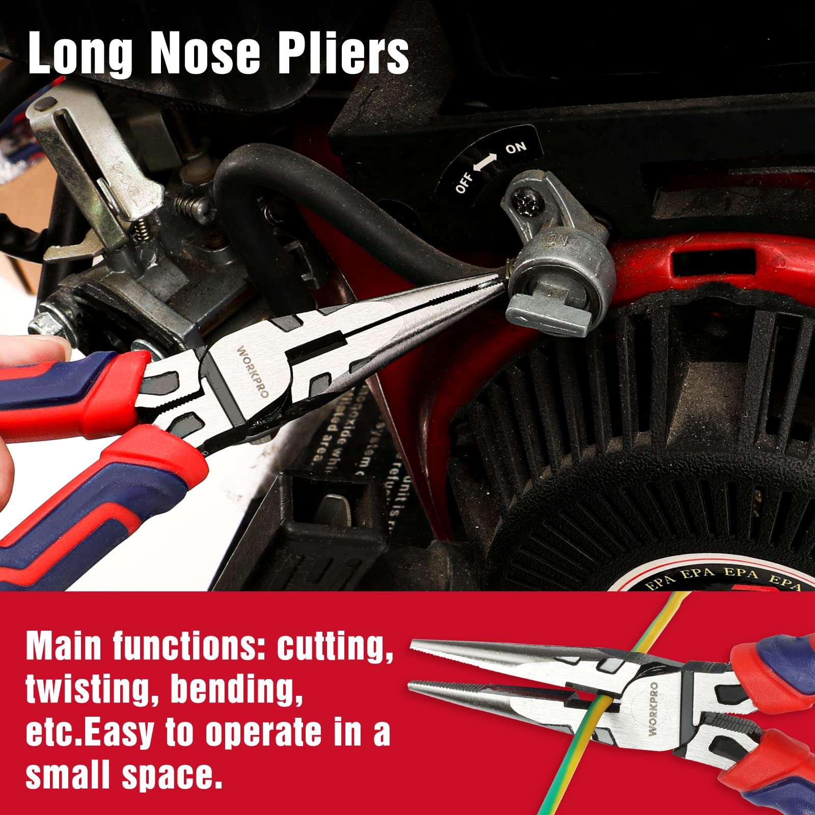 WORKPRO 4-Piece Pliers Set - Premium CR-V Construction Tool Set Including Long Nose, Diagonal Cutting, Groove Joint and Slip Joint Pliers - Red 3