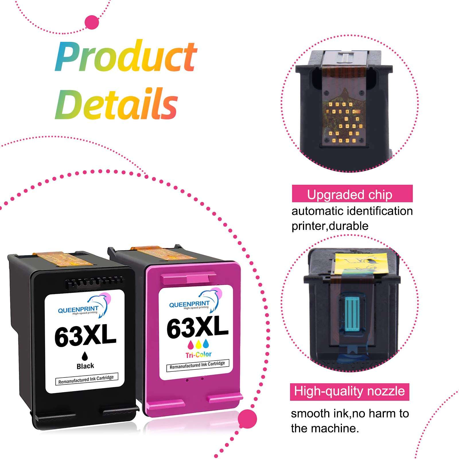 QUEENPRINT 63XL Ink Cartridge Combo Pack Replacement for HP 63 XL Inkjet Cartridge Black andColor for HP Printers 0fficeJet 3830 4650 5255 5258 Envy 4520 4512 Deskjet 1112 3634 3639 3632 6