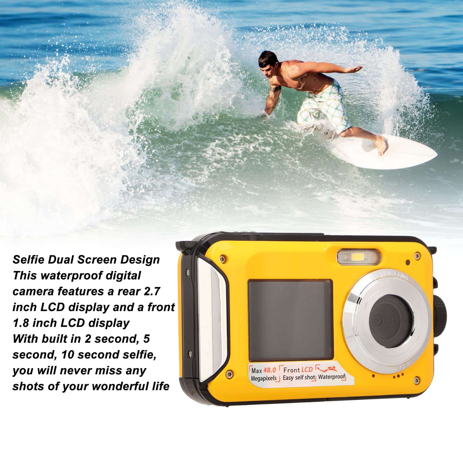 Boxwizard Full HD 2.7K 48MP 10ft Waterproof Underwater Digital Camera 16X Digital Zoom Front Rear Double Screens Waterproof Digital Camera (Yellow), Boxwizardzakner1730-11 3