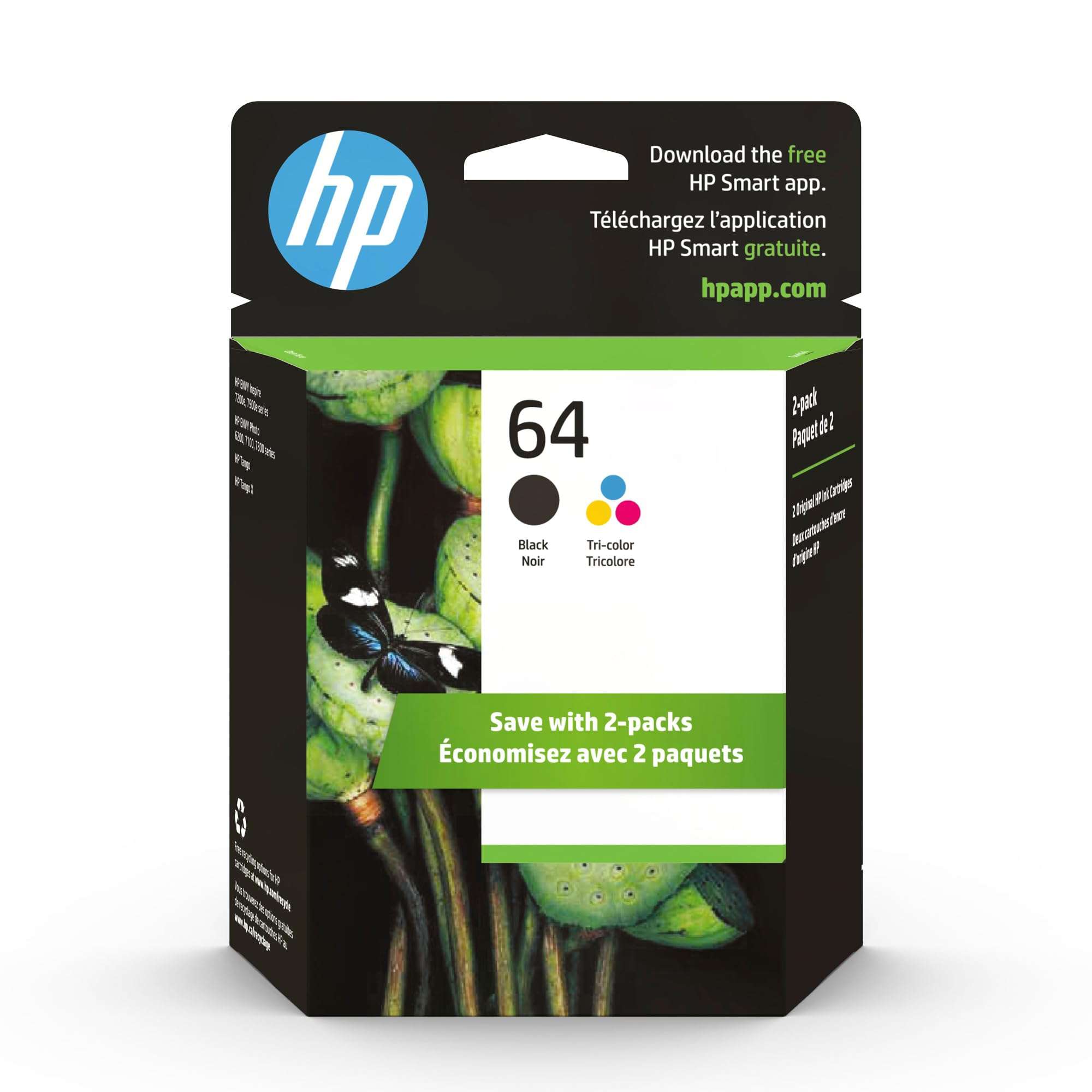 HP 64 Black & Tri-Color Ink Cartridges for HP Printers (Combo Pack) | Works with Printer Series: Inspire 7950e; ENVY Photo 6200, 7100, 7800; Tango | Eligible for Instant Ink | X4D92AN 1
