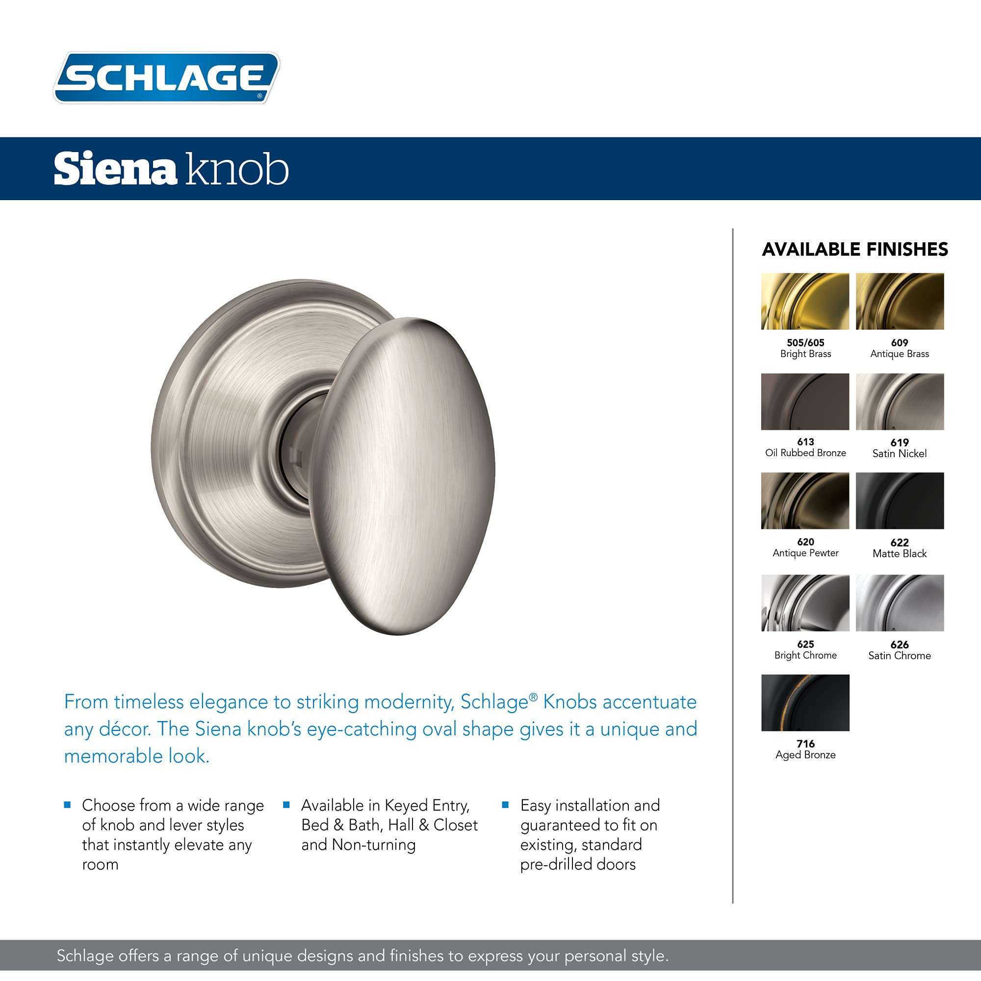 Schlage F40 SIE 716 Sienna Door Knob, Bed & Bath Privacy Lock, Aged Bronze 2