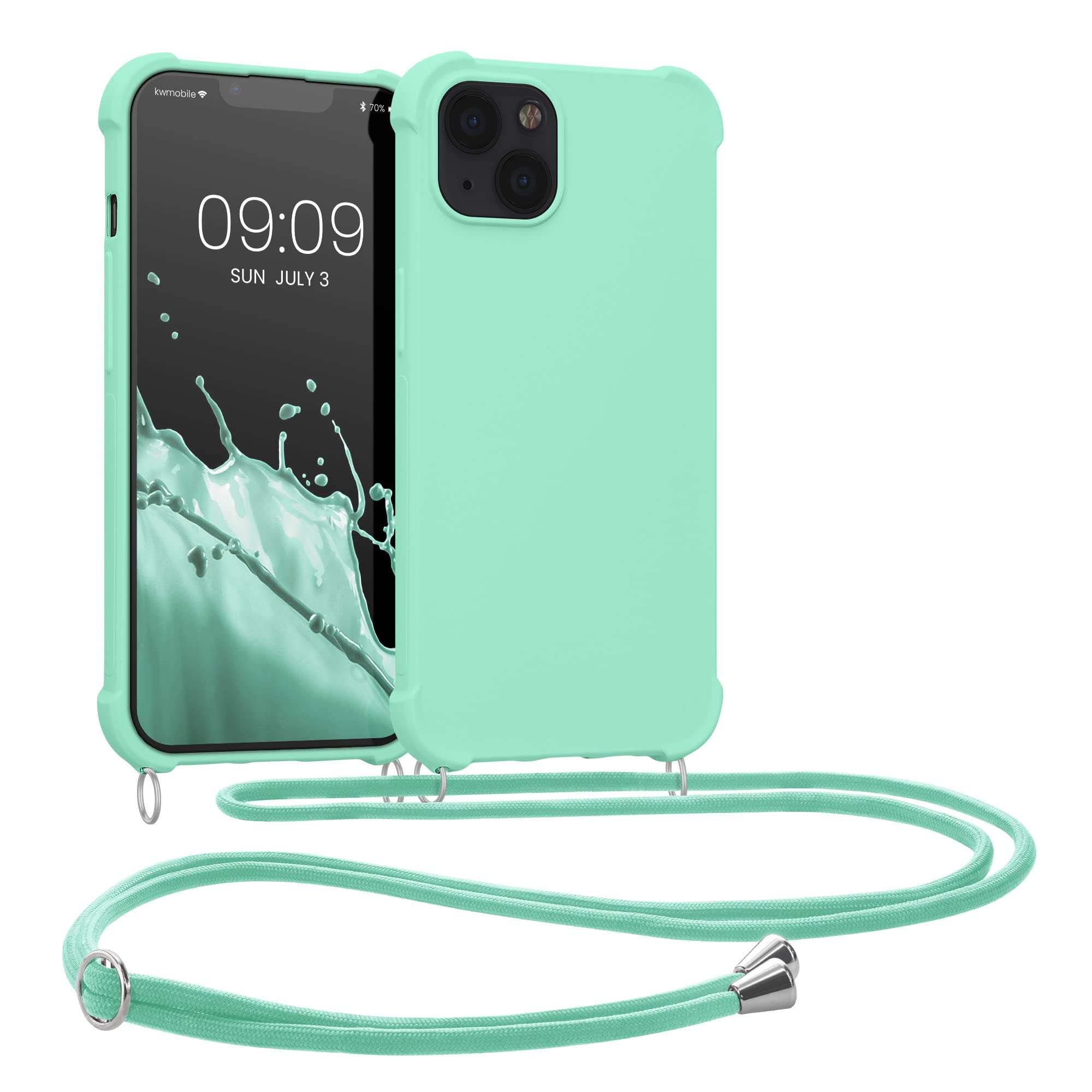 kwmobile Case Compatible with Apple iPhone 13 - Crossbody Case Soft Matte TPU Phone Holder with Neck Strap - Mint 1