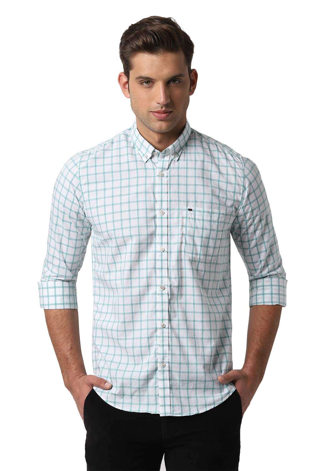 Peter England Men's Checkered Slim fit Casual Shirt (PCSFCSSPH92541_Green 39) 1