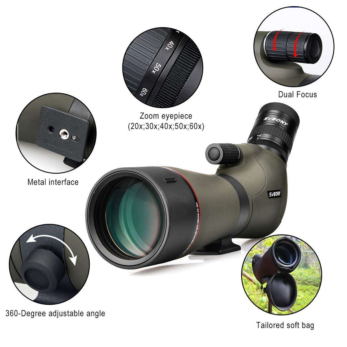 SVBONY SV46 Spotting Scope with Tripod, HD Dual Focus 20-60x80 IPX7 Waterproof Spotting Scopes, Angled Spotting Scope for Bird Watching 5