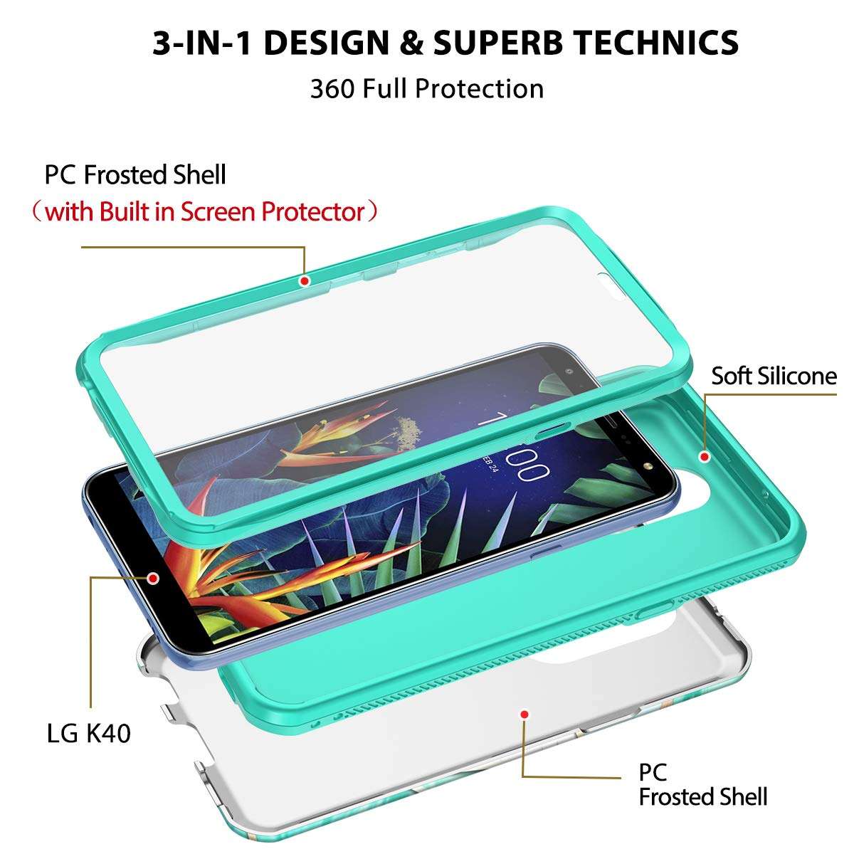 Hekodonk for LG K40/ LG K12 Plus/LG X4 (2019)/LMX4 Case Built in Screen Protector Heavy Duty High Impact PC TPU Full Body Protective Shockproof Anti-Scratch Cover for LG K40 -Marble Mint 5
