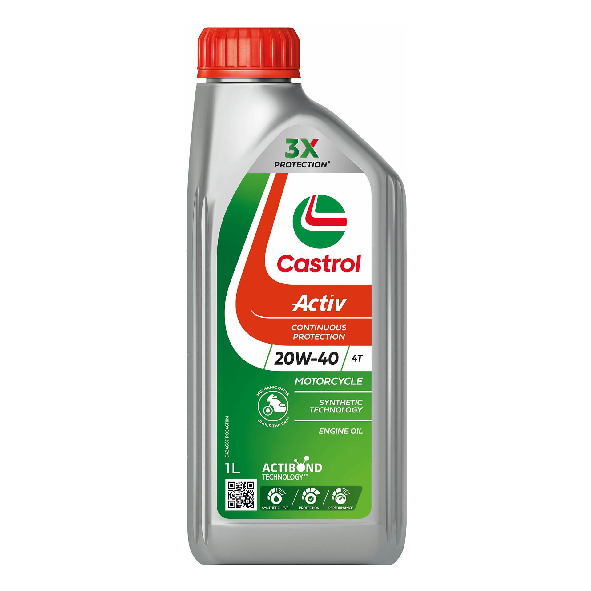 Castrol Activ 20W-40 4T Synthetic Engine Oil for Bikes 1L |3X Protection | with Actibond Technology | Engine Protection for Bikes | JASO MA2