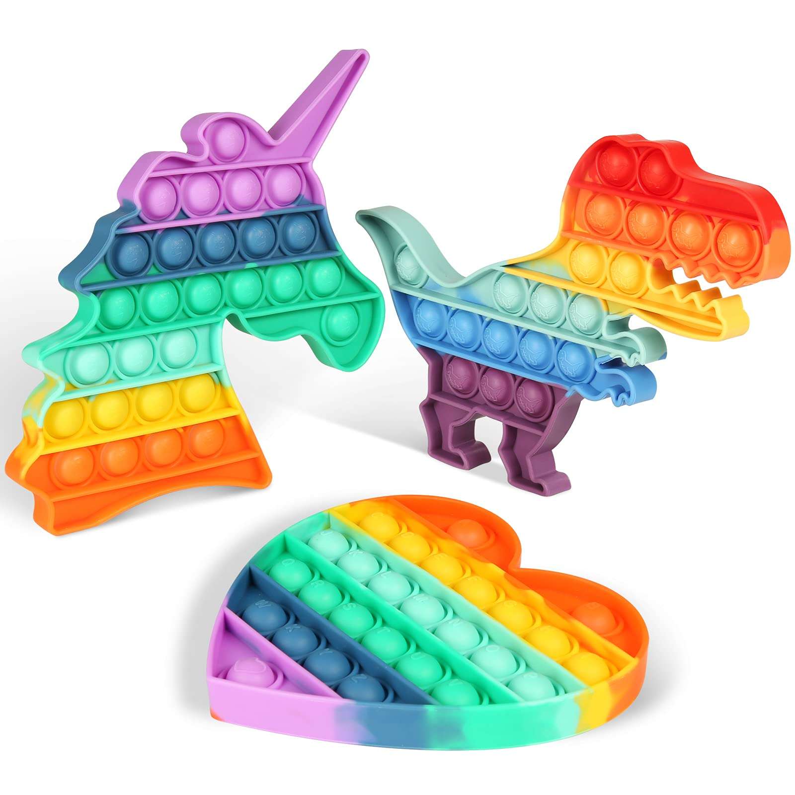 Fescuty Rainbow Unicorn Dinosaur Pop Stress Relief Fidget Toys Heart Sensory Toys Autism Learning Materials for Anxiety Stress Relief Squeeze Toy Class Rewards Students Party Gifts for Kids 1