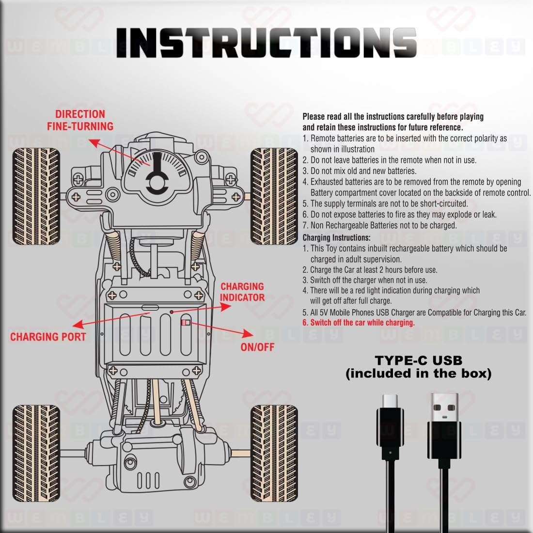 Wembley Rechargeable Remote Control Monster Truck RC Car Big Size Off Road 2WD Rock Crawler Battery Water Mist Spray and High-Speed Racing Toy for Boys (Black), 5 Years And Above 6